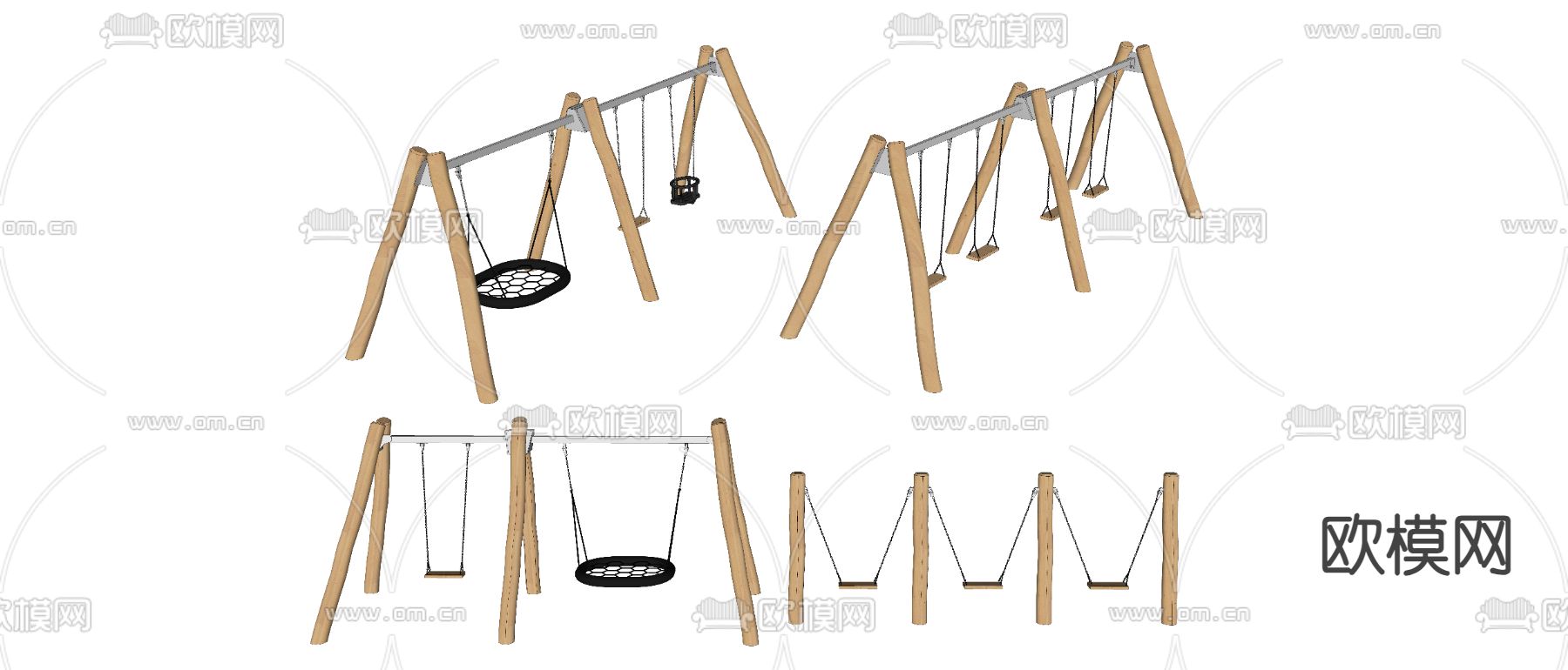 现代秋千 游乐设施 木制游乐设施su模型