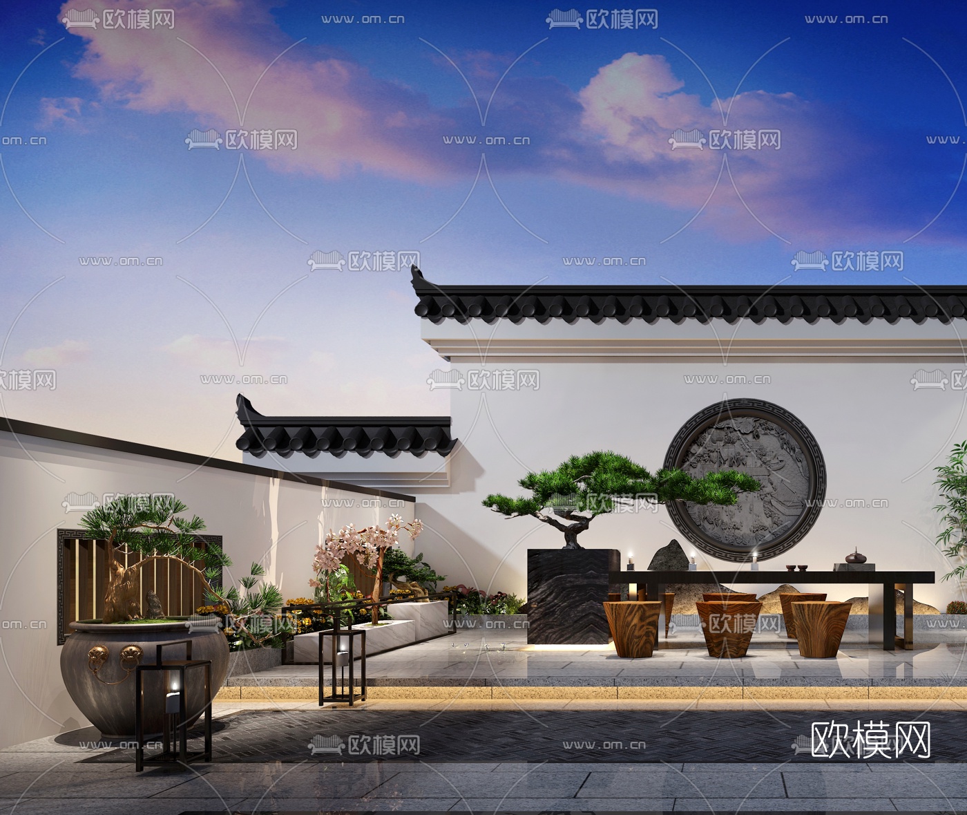 新中式屋顶露台花园品茶区3d模型下载（渲染图2）