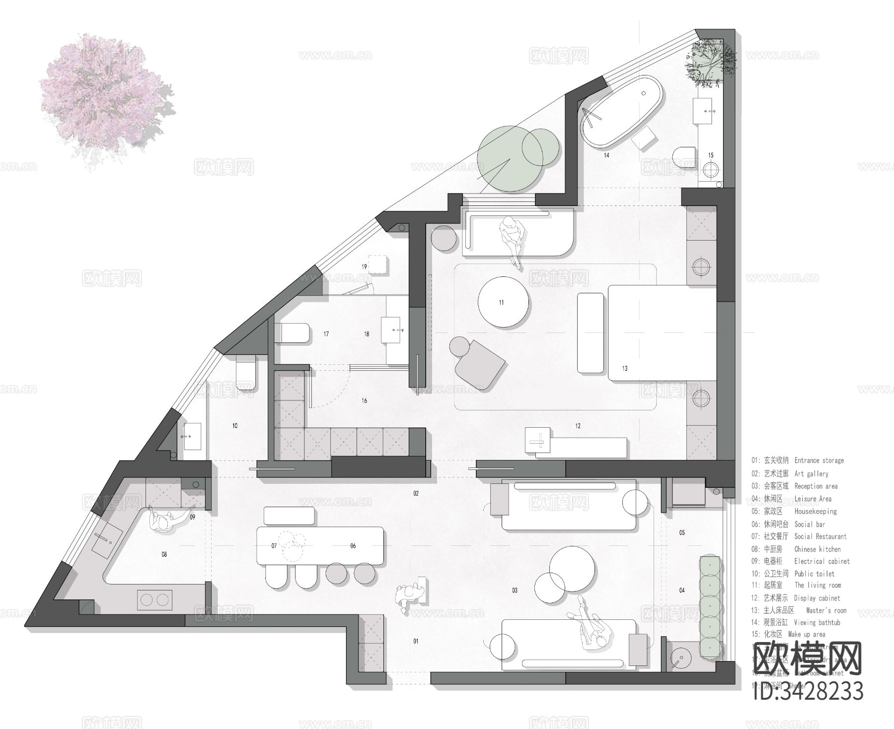 iGo 114㎡异形户型平面优化案例源文件cad施工图下载（渲染图1）
