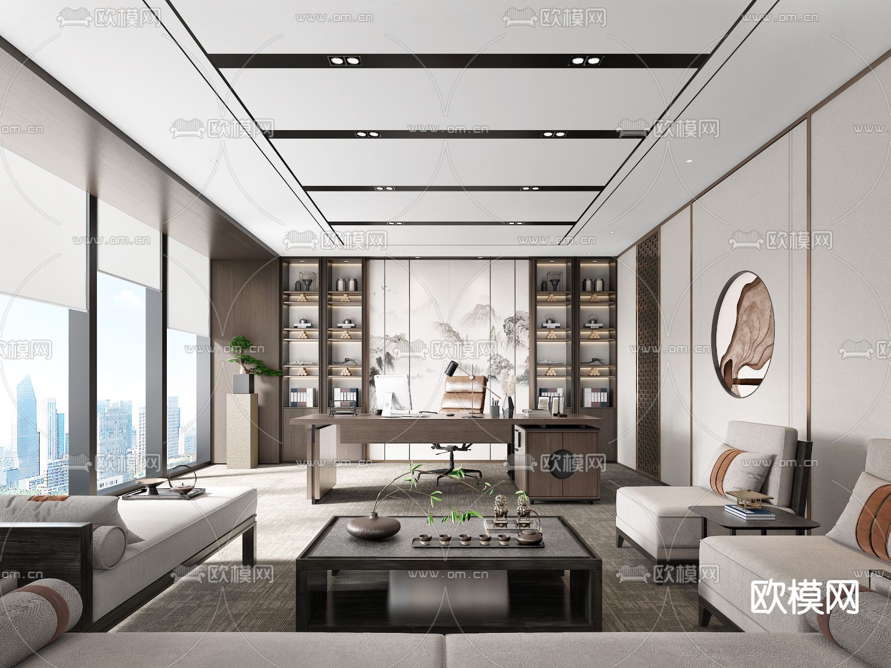 新中式办公室su模型下载（渲染图1）