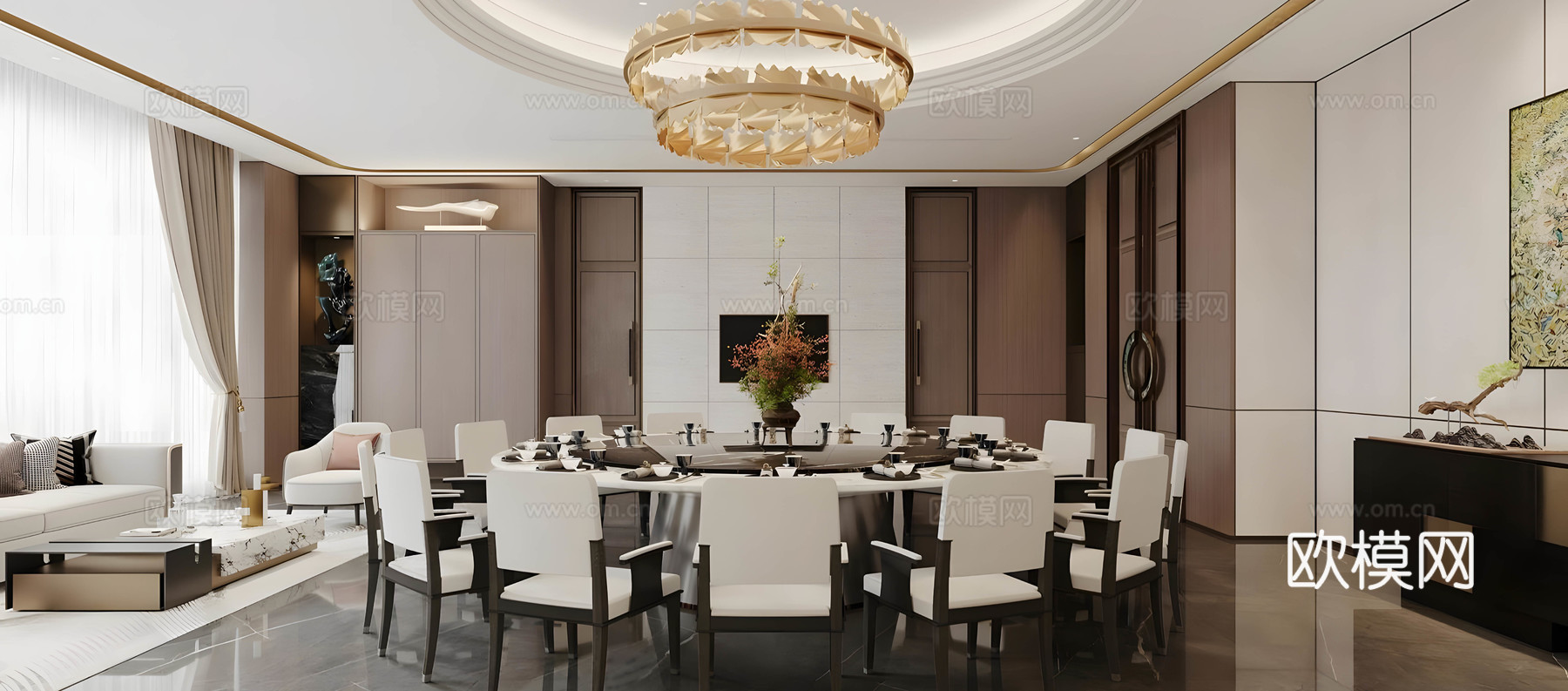 新中式包厢 中餐厅包厢 包厢餐桌椅 圆桌餐桌椅 四人以上餐桌su模型下载（渲染图2）