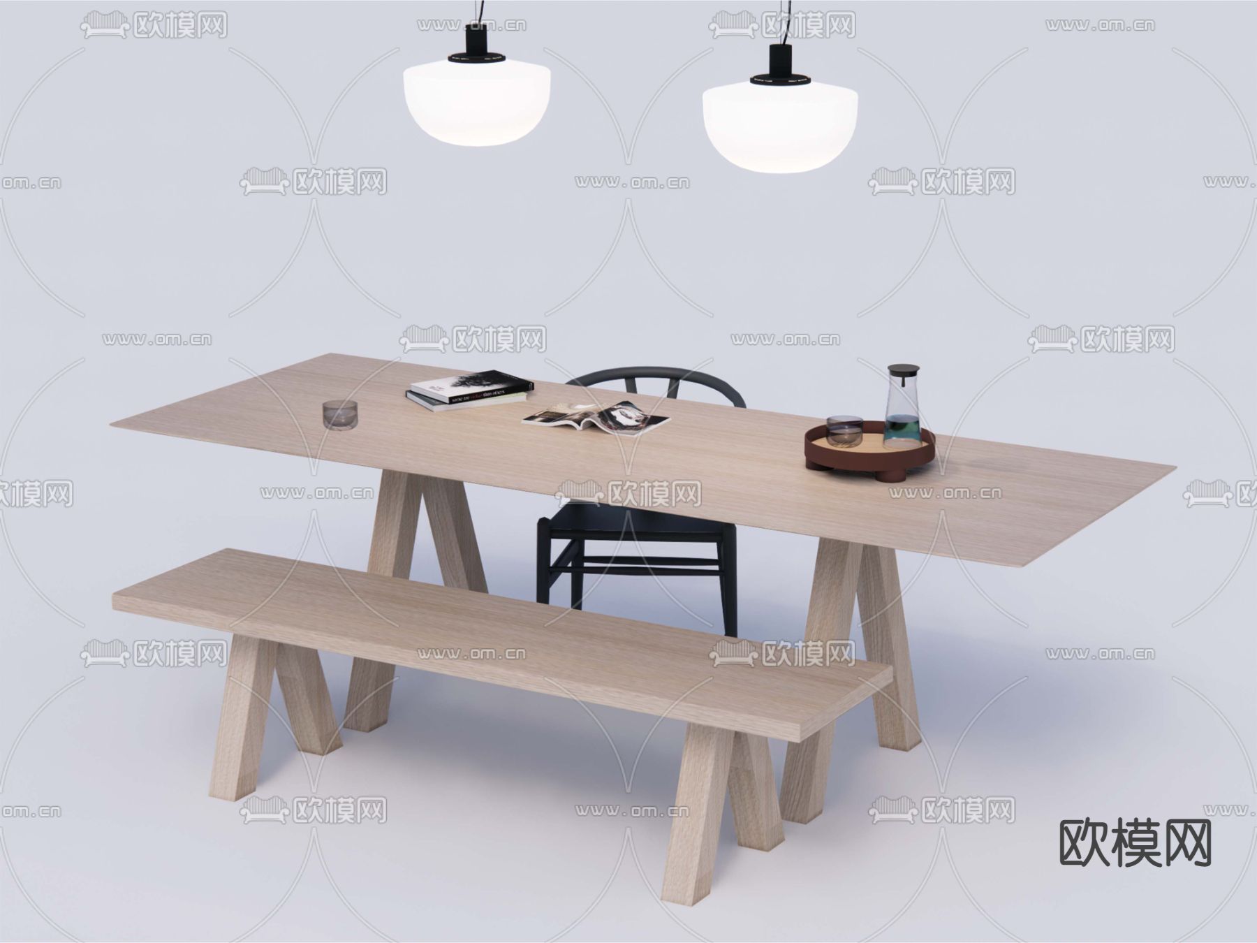 现代实木餐桌椅su模型下载（渲染图1）