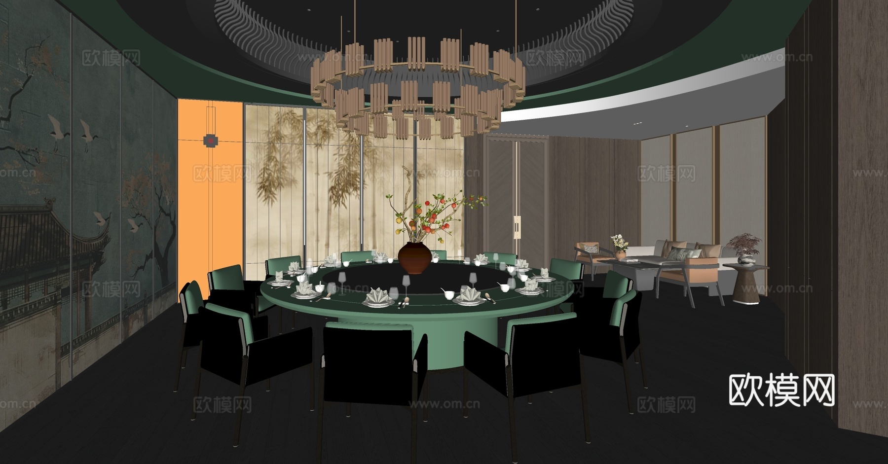 新中式包厢 餐厅包厢 会所包厢 包厢餐桌椅 四人以上餐桌椅su模型下载（渲染图2）