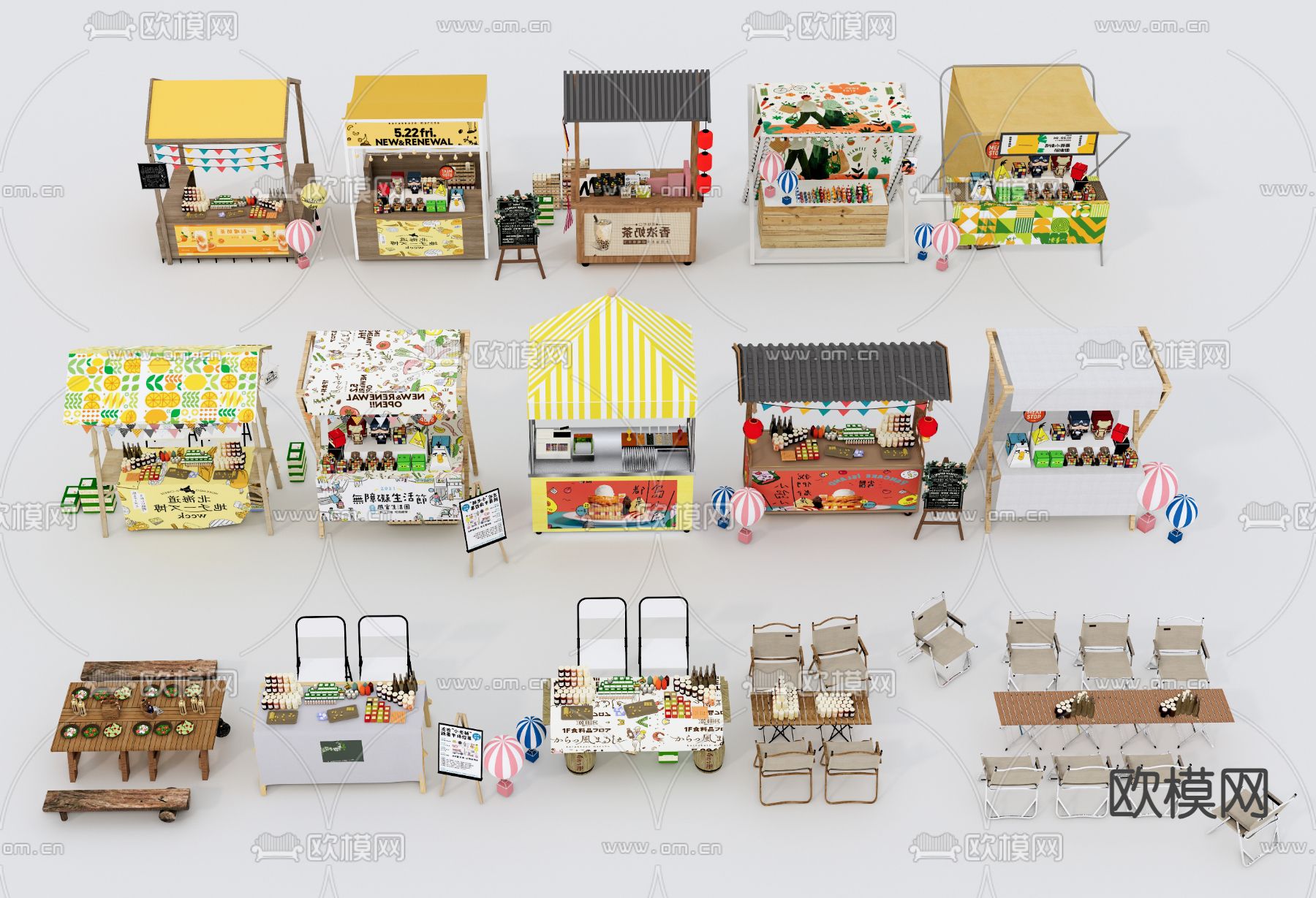 集市摊位 夜市摊 小吃摊su模型下载（渲染图2）