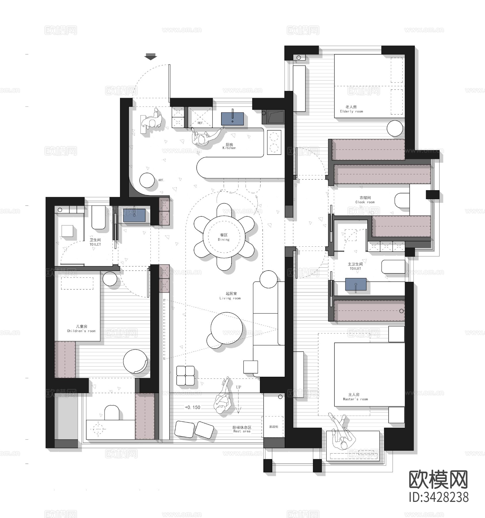 iGo 91㎡爆改刚需三居平面优化案例源文件cad施工图下载（渲染图1）