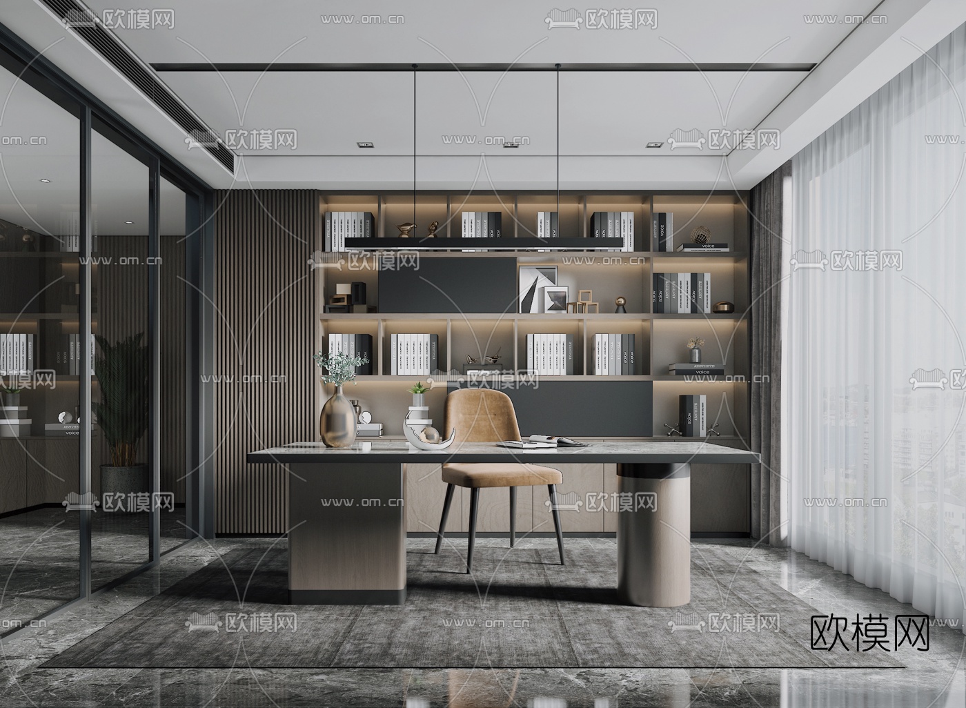 现代书房su模型下载