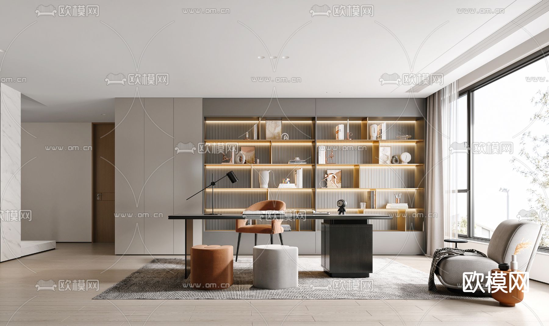 现代轻奢书房3d模型下载
