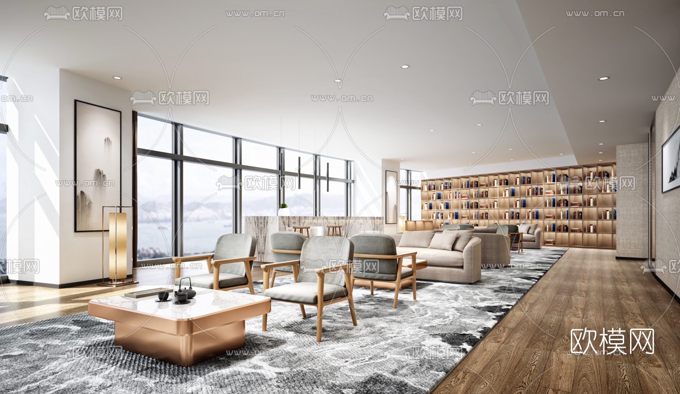 新中式办公休闲区3d模型下载（渲染图1）