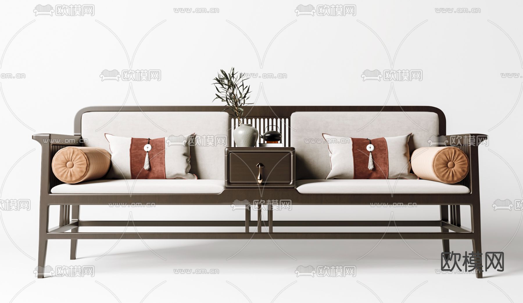 新中式布艺罗汉床3d模型下载（渲染图4）