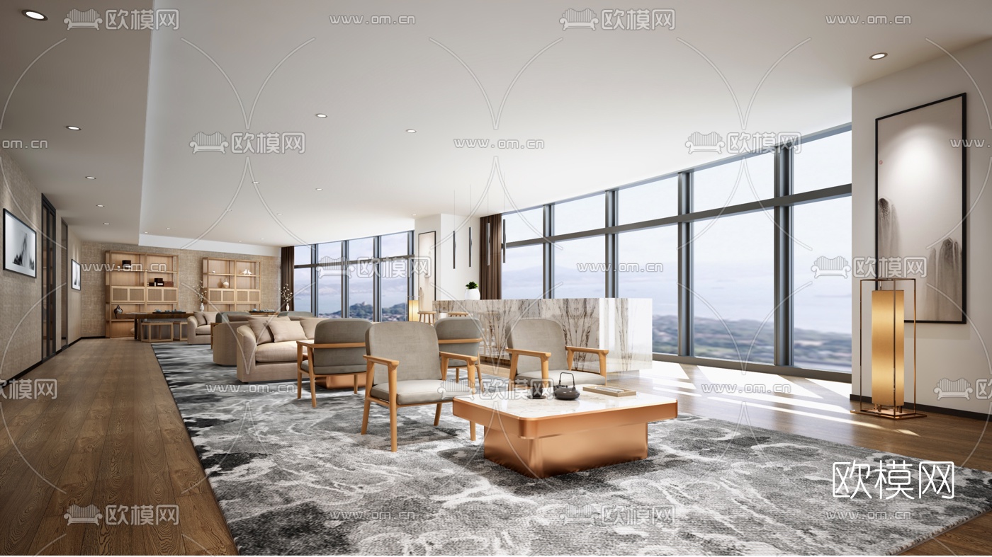 新中式办公休闲区3d模型下载（渲染图2）