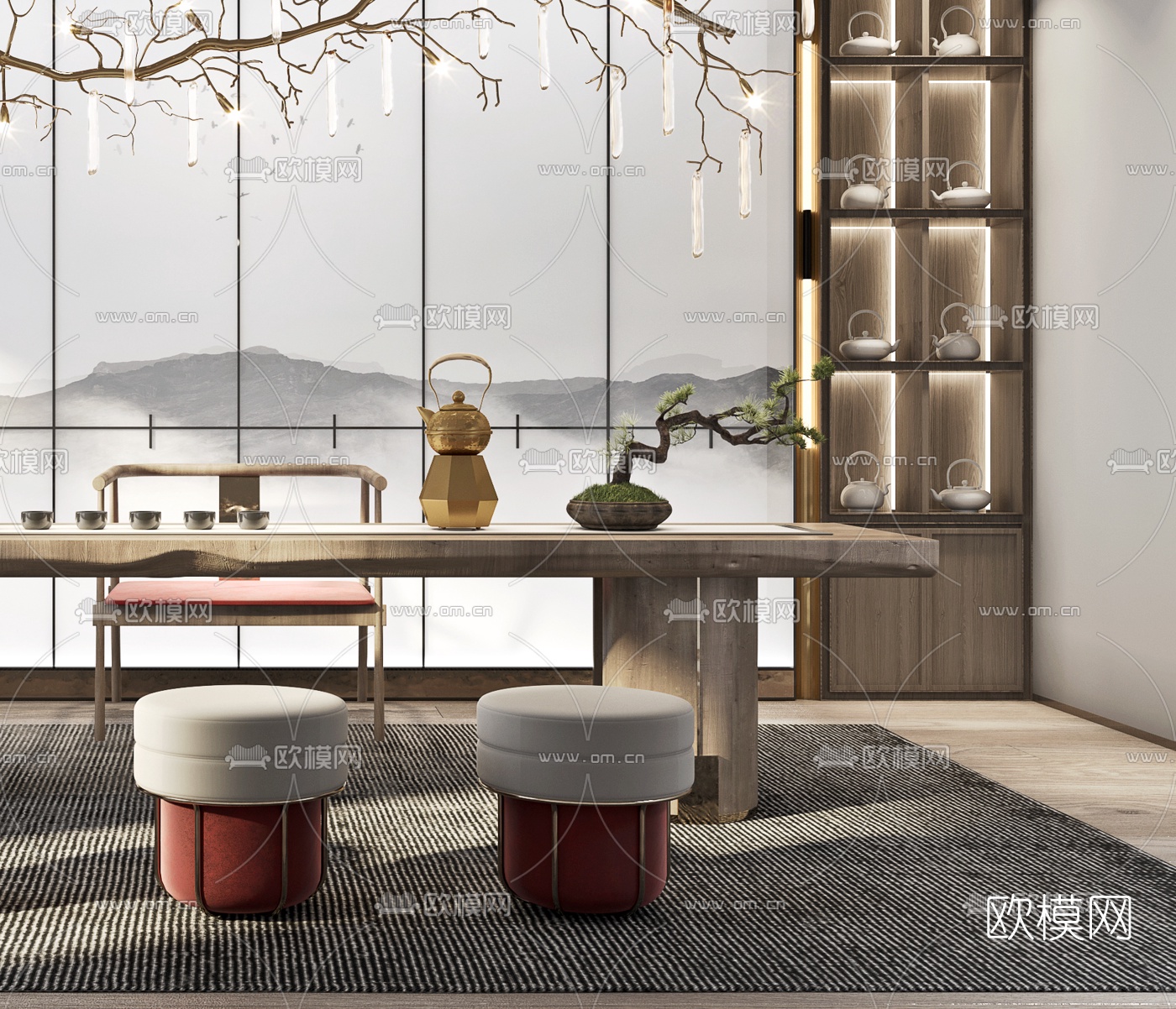 新中式茶室3d模型下载（渲染图3）