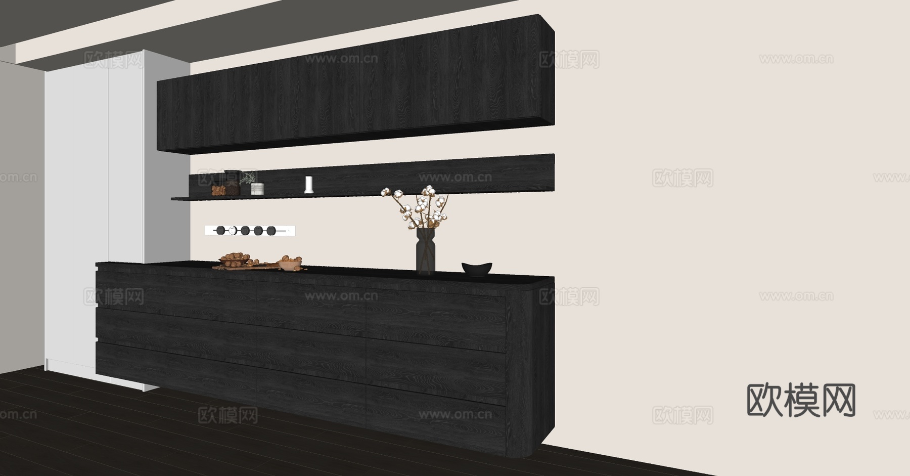 中古侘寂风餐边柜 实木餐边柜 酒柜餐边柜 壁柜餐边柜 整排su模型下载（渲染图2）