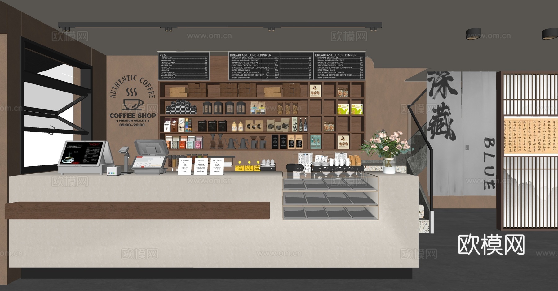 咖啡厅收银台 现代咖啡厅前台 咖啡店操作台 咖啡机器组合su模型下载（渲染图3）