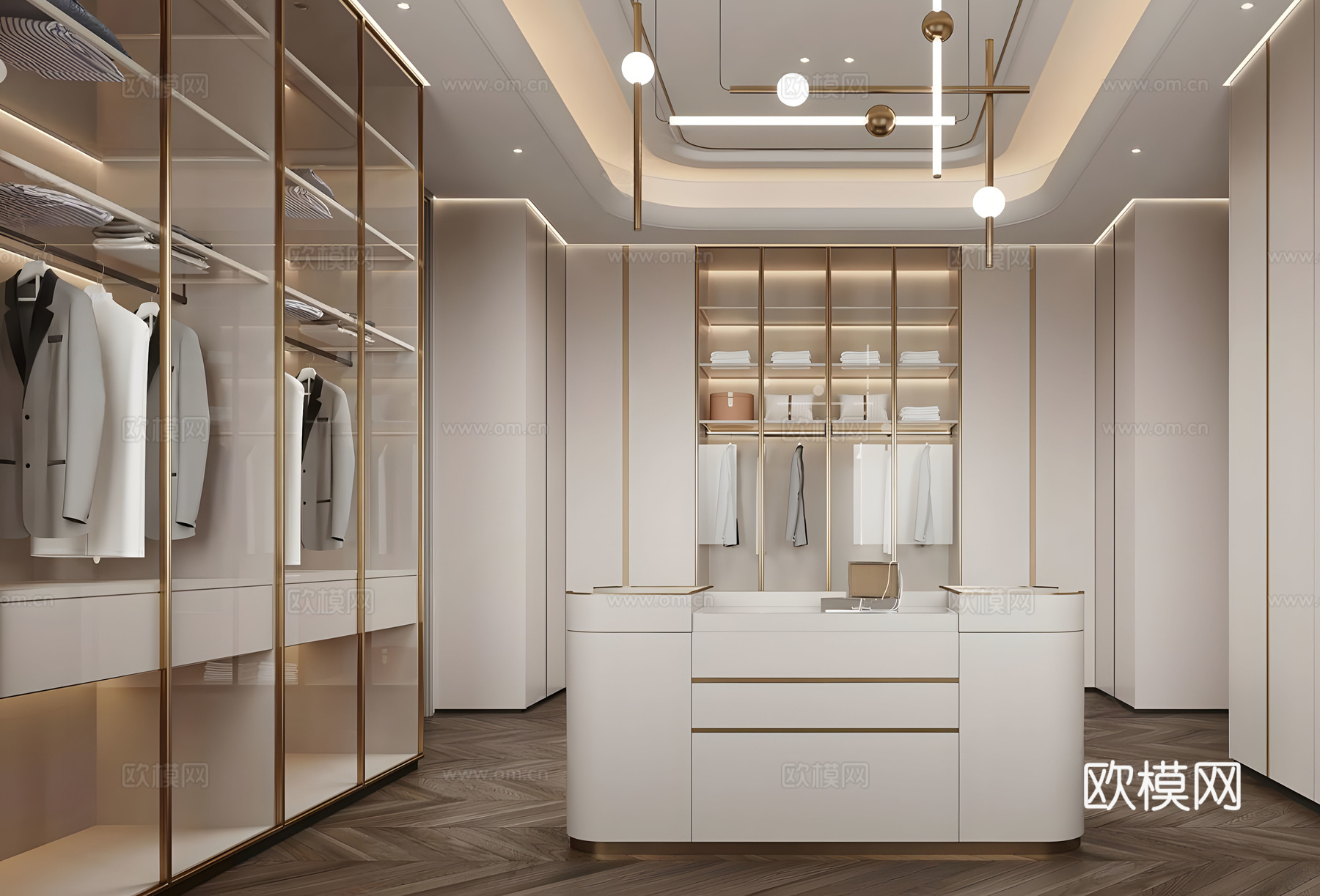 轻奢意式衣帽间 岛台衣帽间 步入式衣帽间 u型衣帽间 开放式su模型下载（渲染图1）