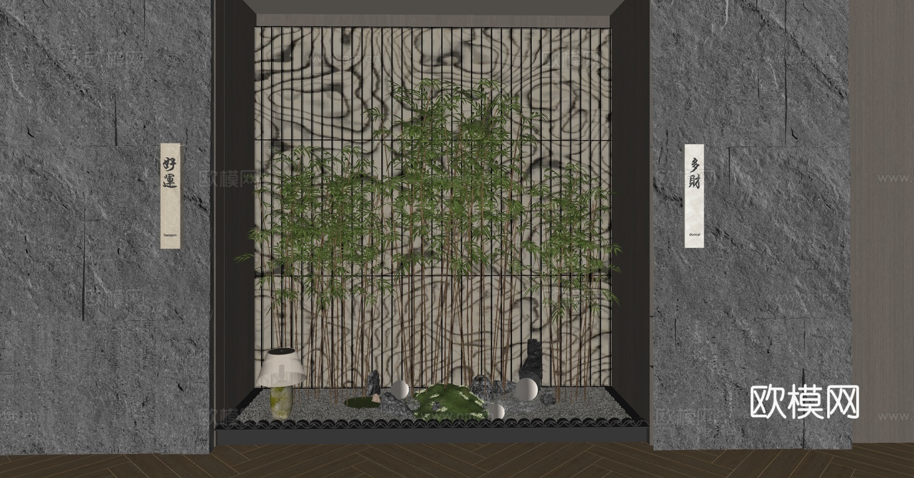 新中式室内景观 景观小品 室内景观造景 植物堆 植物组合su模型