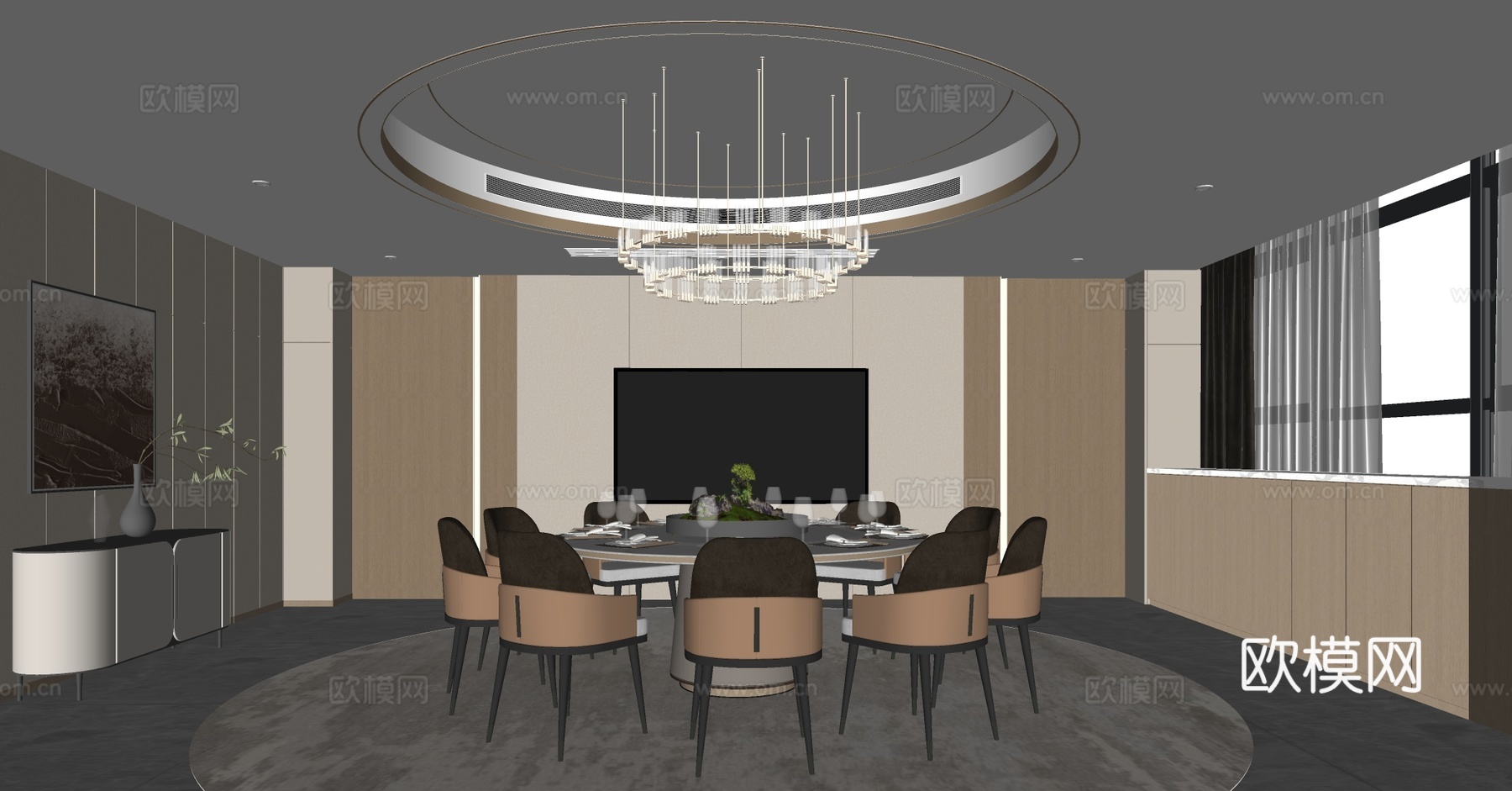 新中式包厢 中餐厅包厢 包厢餐桌椅 圆桌餐桌椅 四人以上餐桌su模型下载（渲染图4）