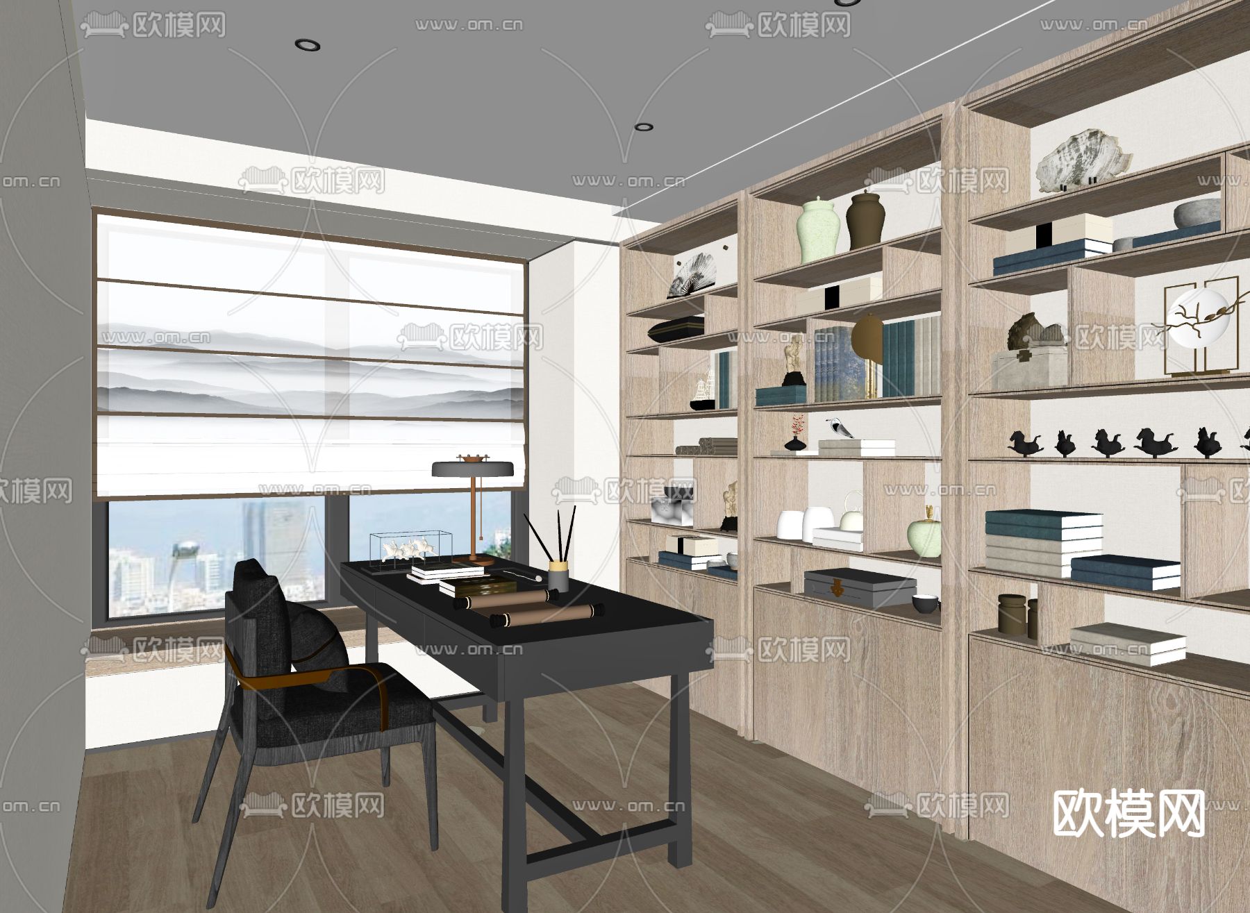 新中式书房su模型下载