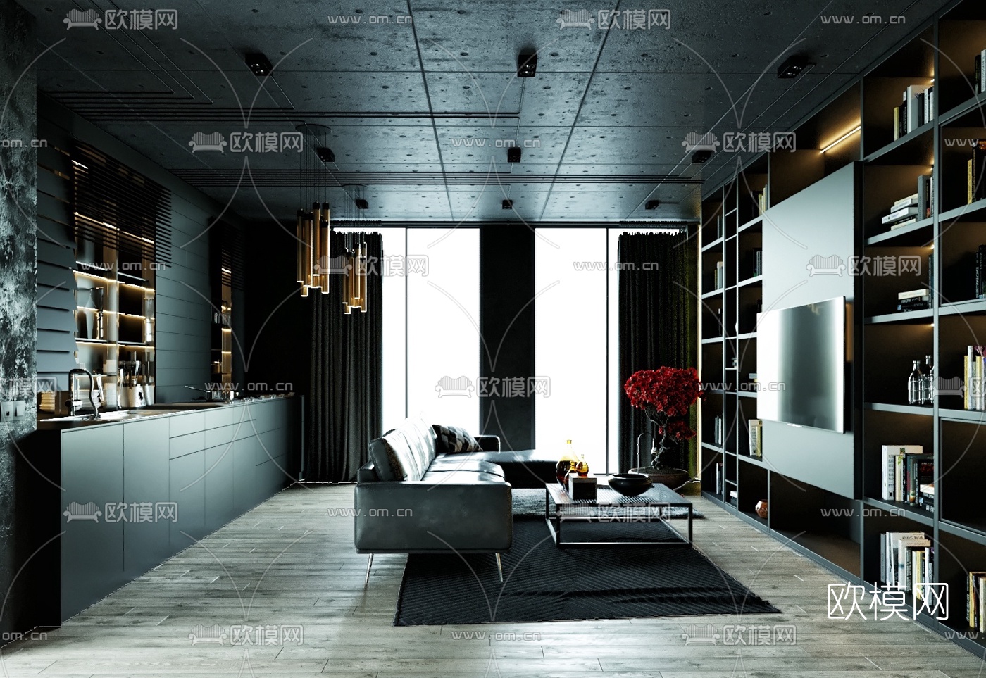 暗黑风 客厅厨房3d模型下载（渲染图5）