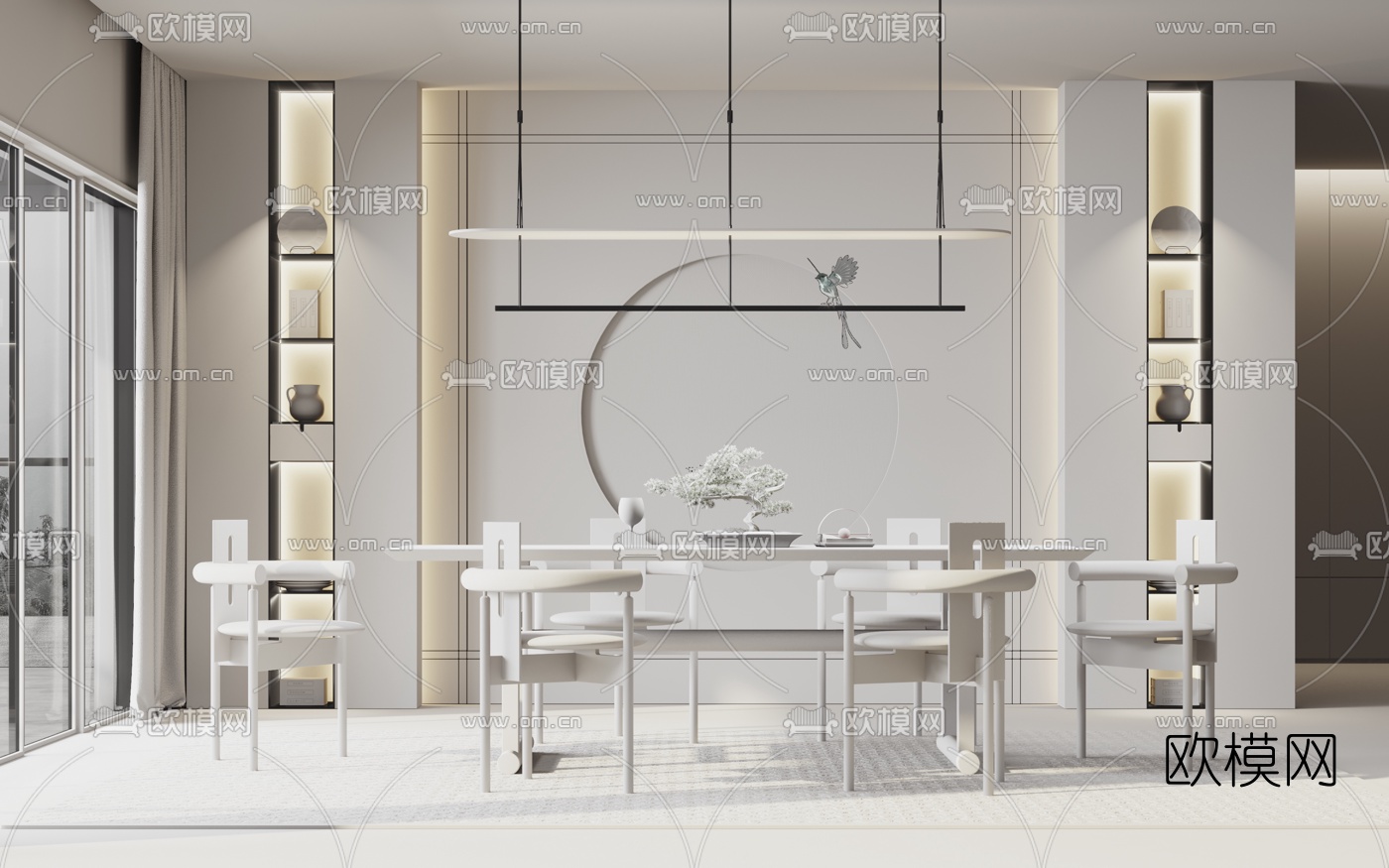 新中式条形餐桌椅3d模型下载（渲染图4）