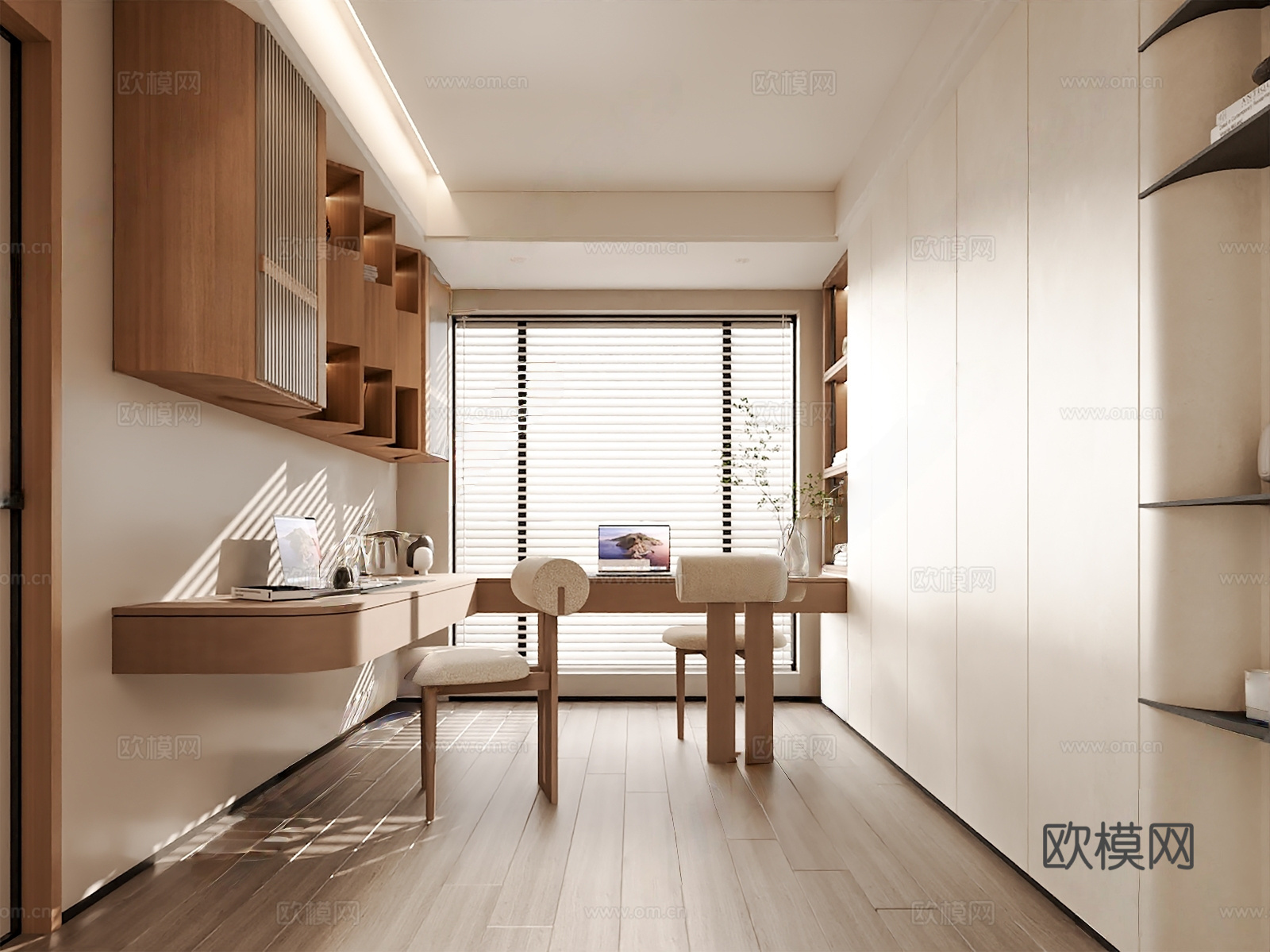 现代奶油风书房 书桌椅3d模型