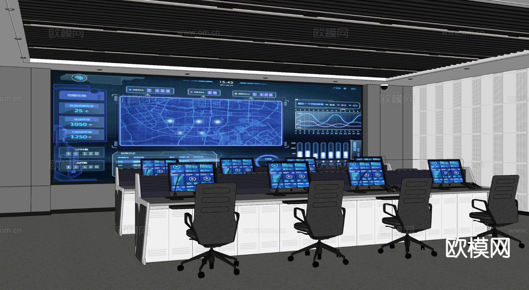 指挥控制中心 监控室 指挥室su模型下载（渲染图1）