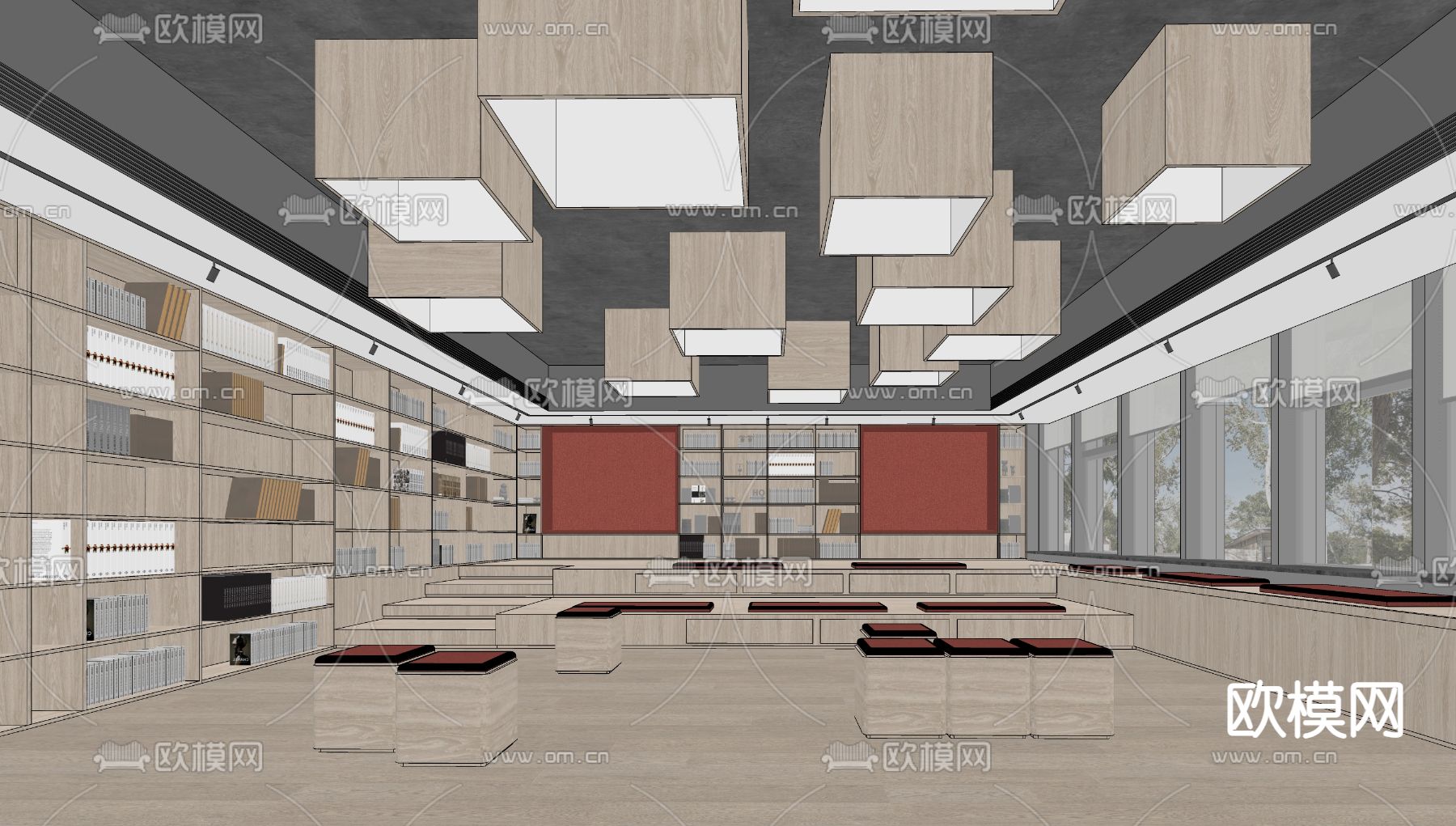 现代图书馆 阅览室 书吧su模型下载（渲染图2）