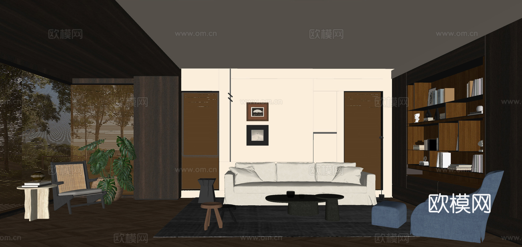 中古别墅客厅 中古风家居客厅 复古风别墅客厅 沙发茶几组合su模型下载（渲染图4）