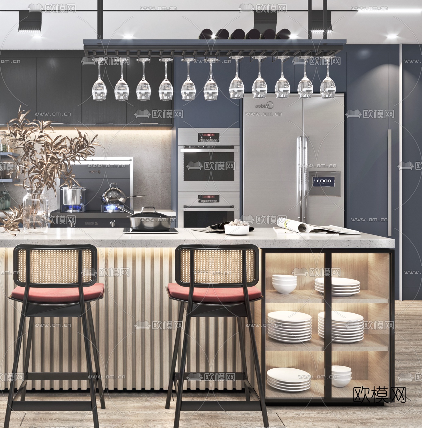 现代开放式厨房吧台3d模型下载（渲染图2）