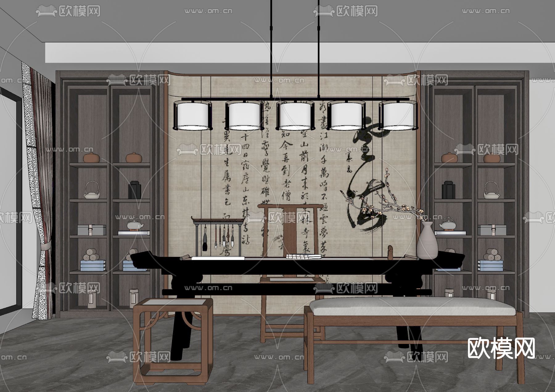 新中式书房su模型下载（渲染图2）