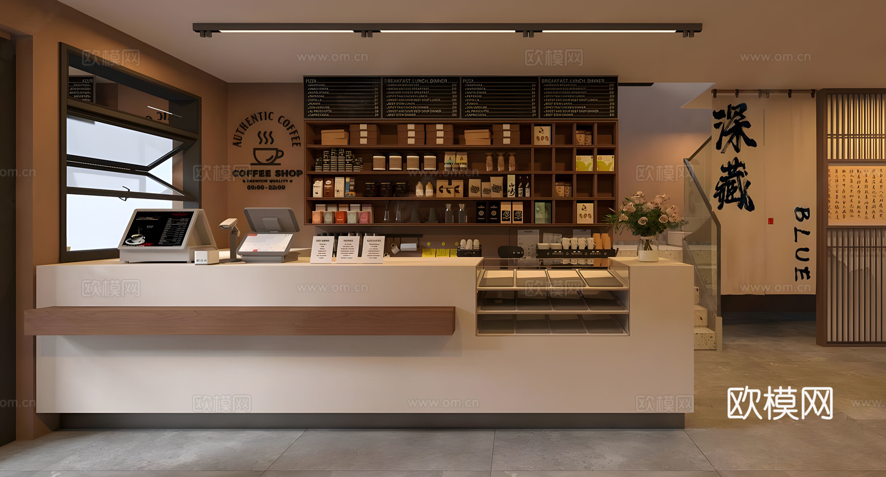 咖啡厅收银台 现代咖啡厅前台 咖啡店操作台 咖啡机器组合su模型下载（渲染图1）