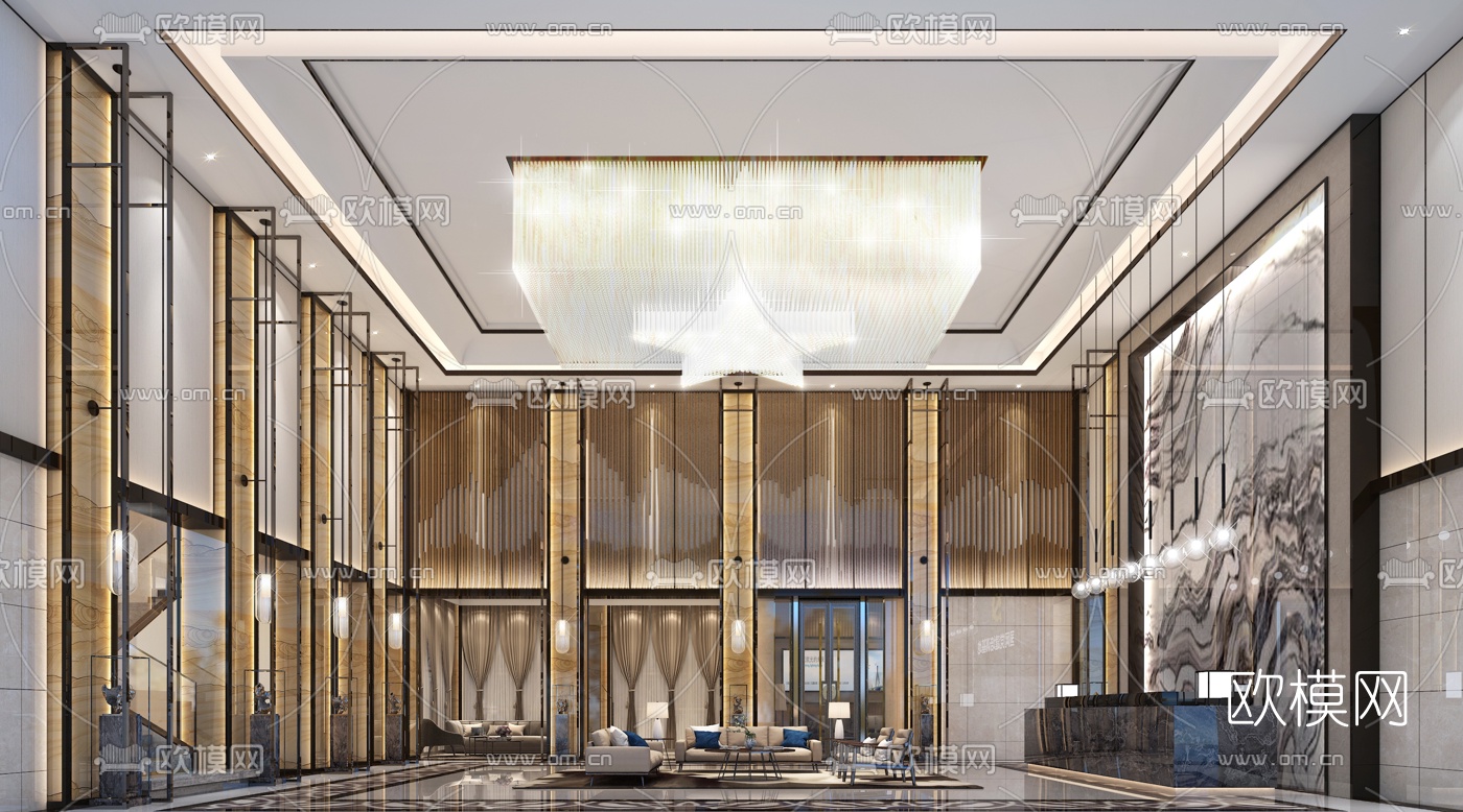 新中式酒店大堂前台接待区3d模型下载（渲染图1）