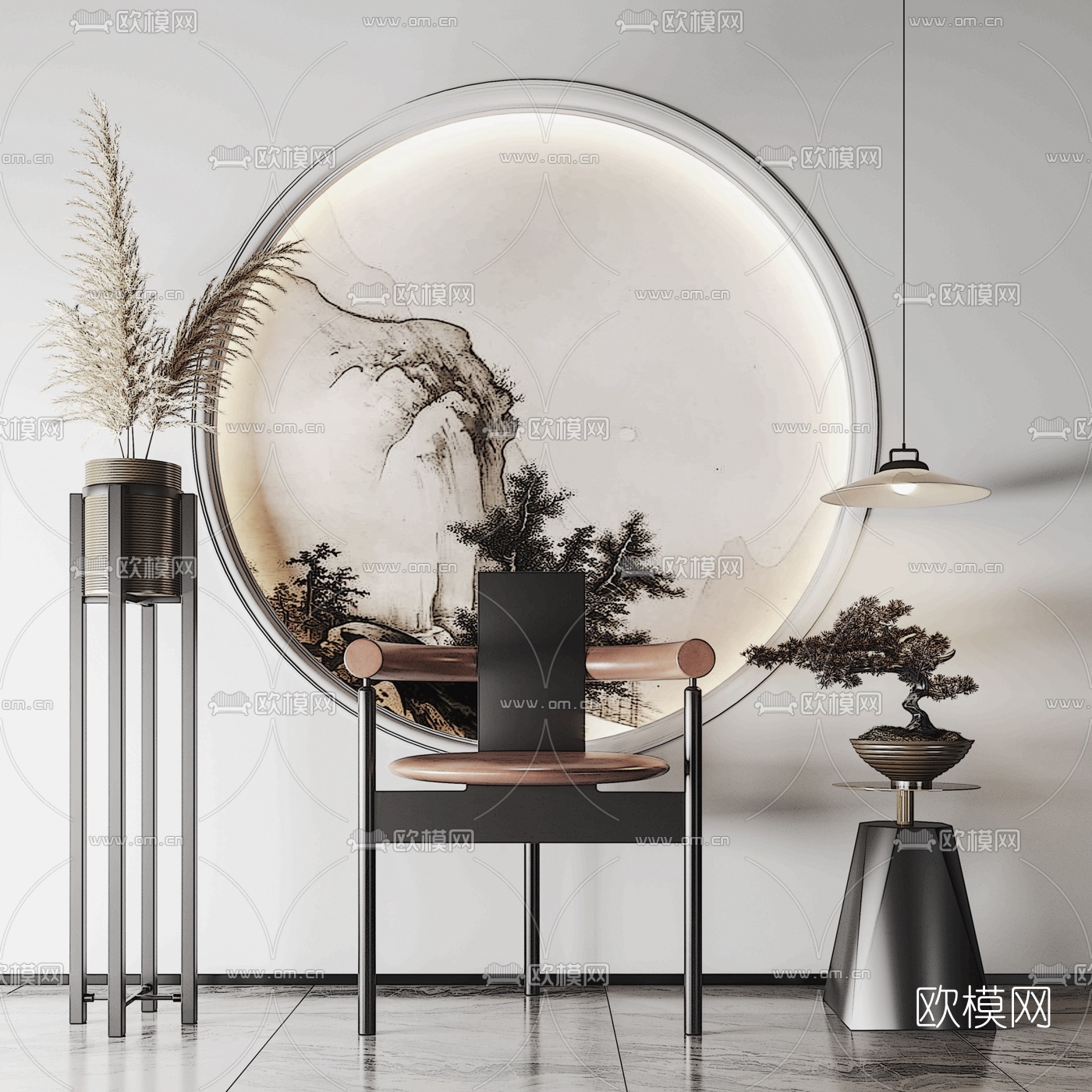 新中式单椅su模型下载（渲染图1）