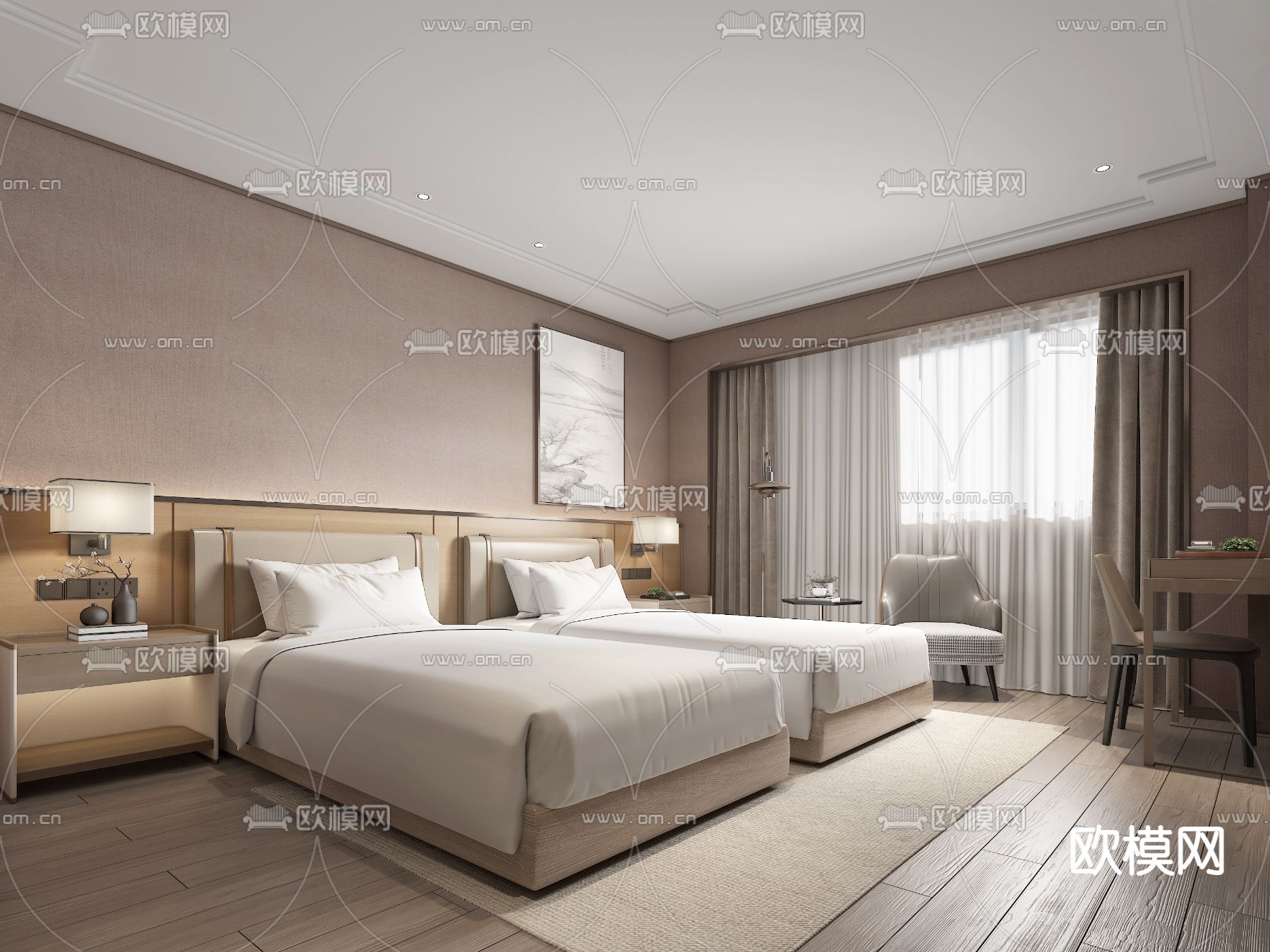 现代酒店客房su模型下载（渲染图1）