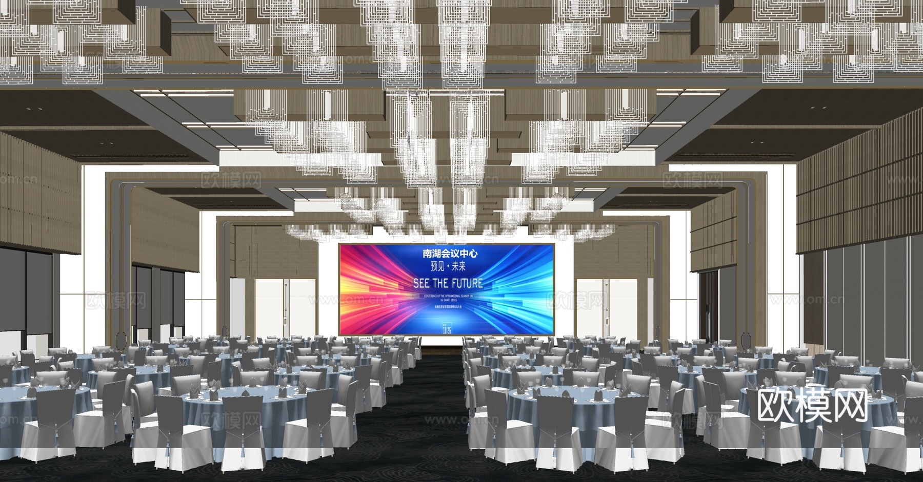 新中式宴会厅 婚礼宴会厅 宴会厅桌椅 酒店宴会厅 婚庆宴会厅su模型下载（渲染图2）