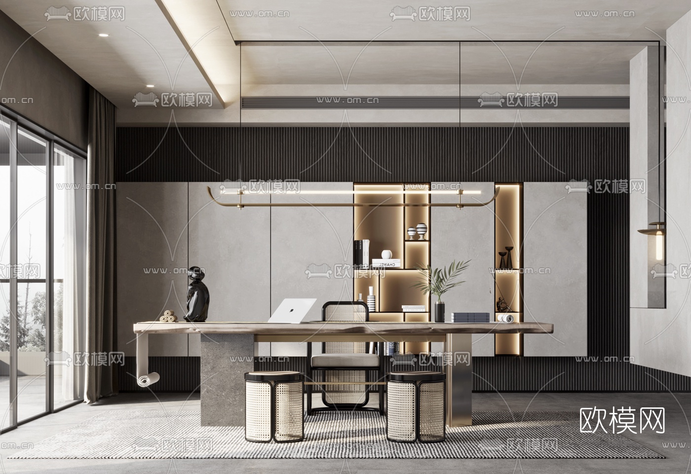 现代轻奢书房3d模型下载（渲染图1）