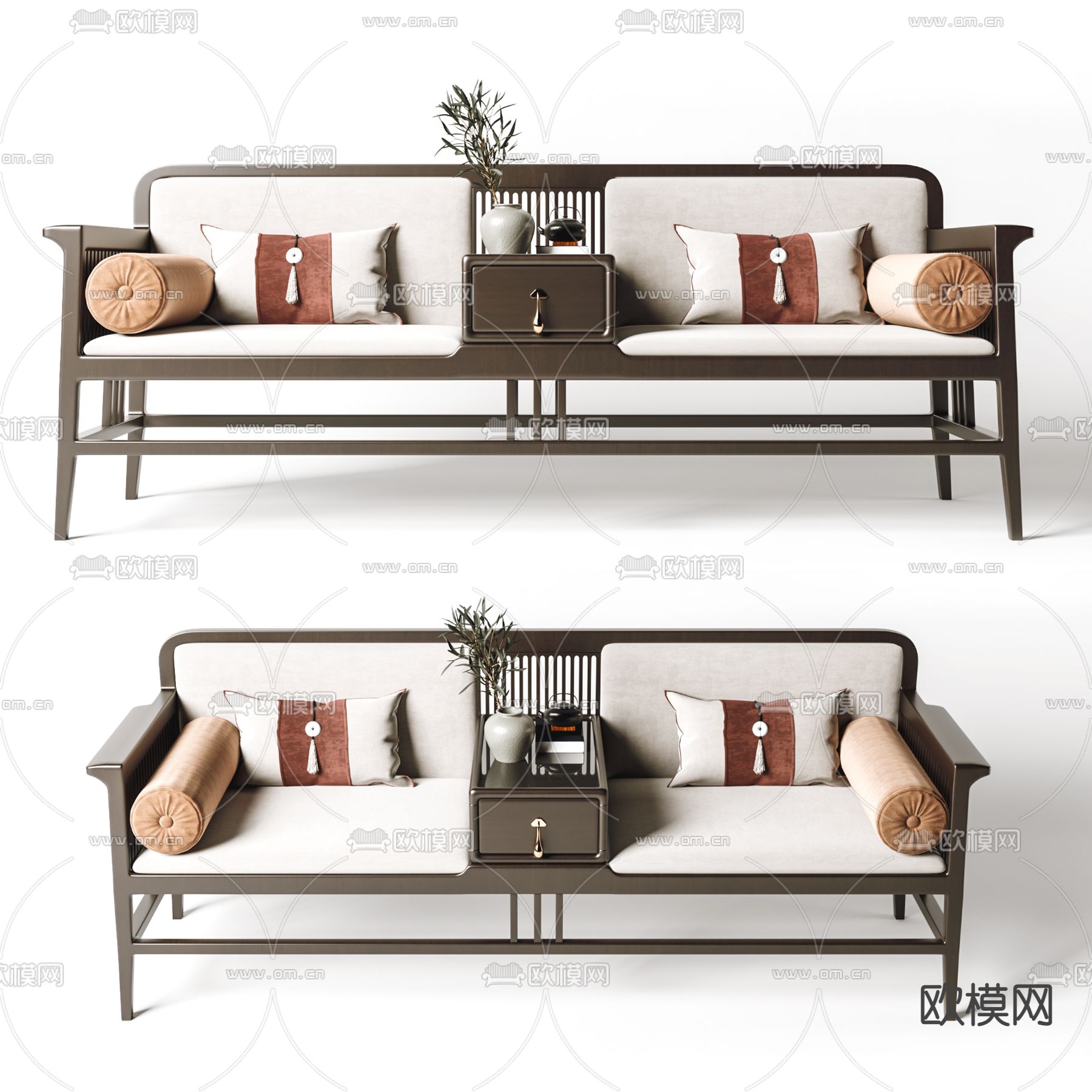 新中式布艺罗汉床3d模型下载（渲染图1）