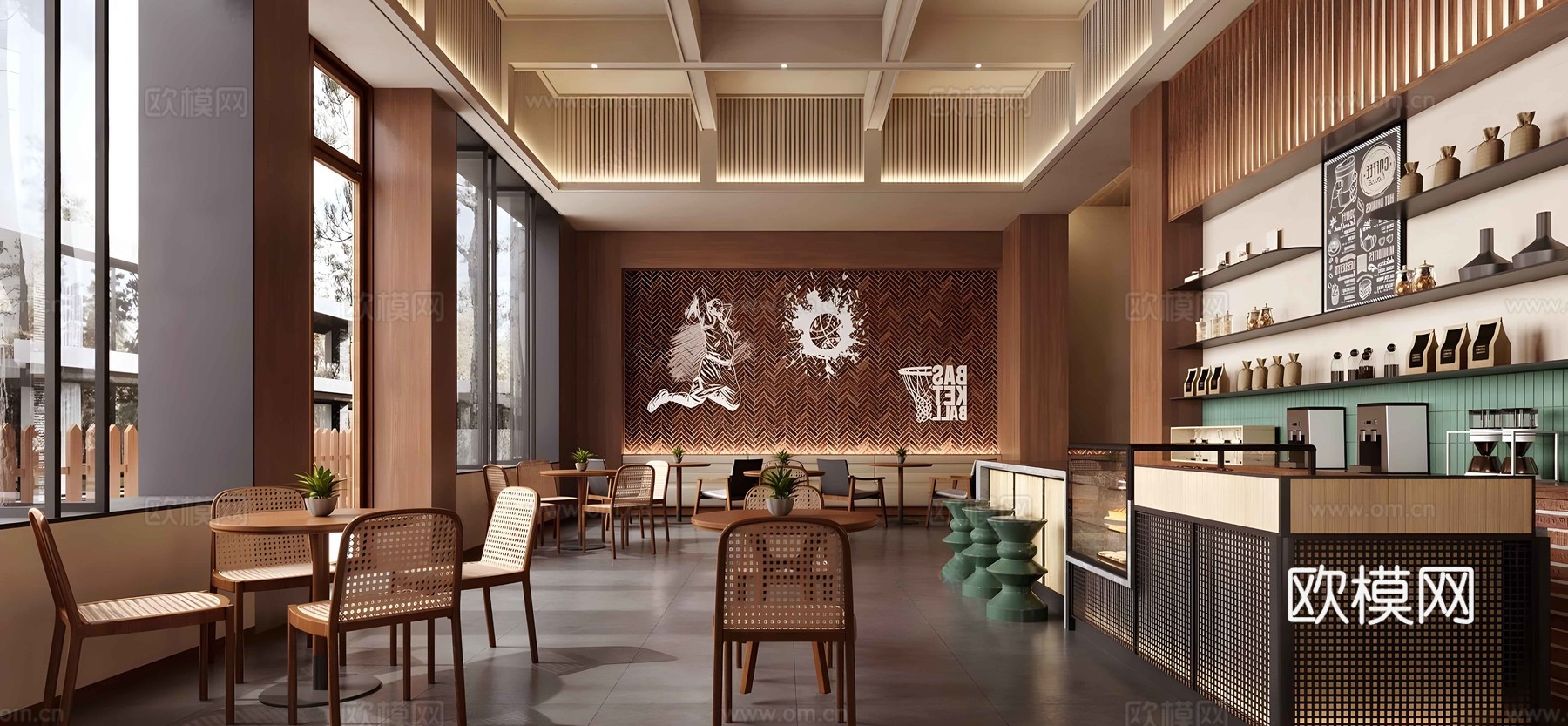 原木咖啡厅 咖啡桌椅 奶茶店 咖啡店操作台 收银前台 咖啡店su模型下载（渲染图1）