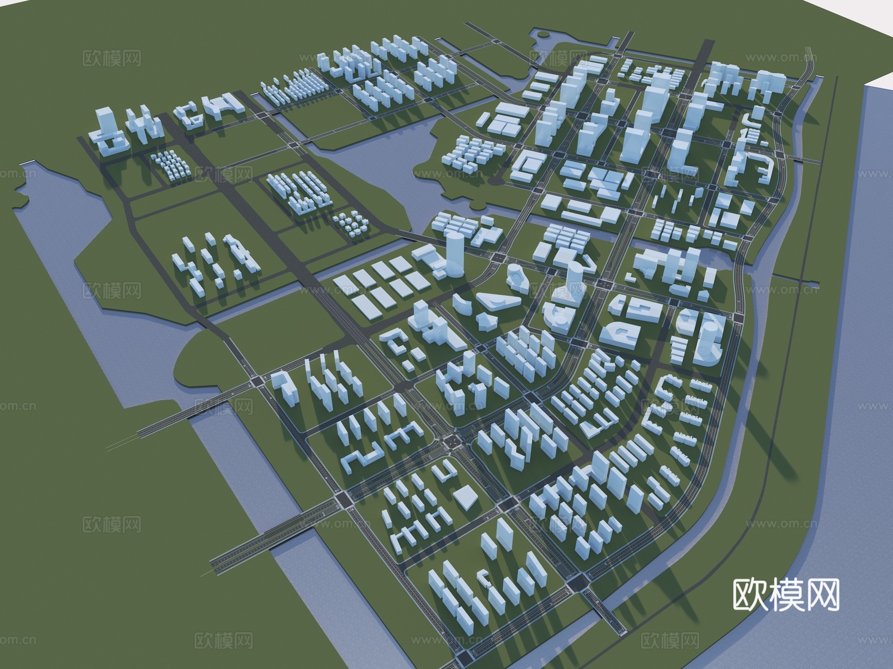 现代玻璃体  规划体块 鸟瞰规划 道路规划 城市体块3d模型