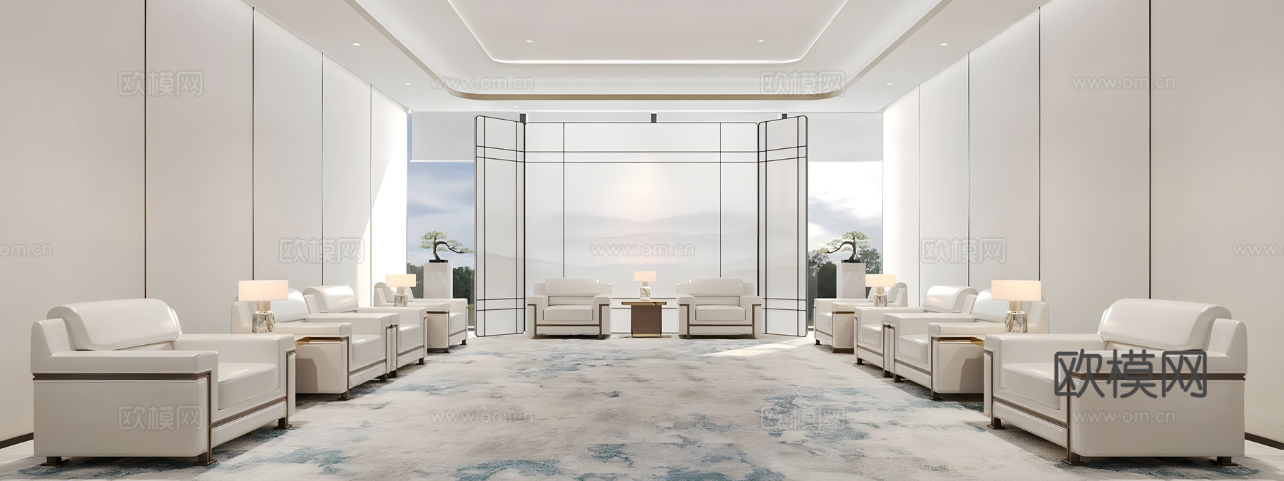 新中式接待室 接待沙发茶几组合 会客室 贵宾洽谈室 接待沙发su模型下载（渲染图1）