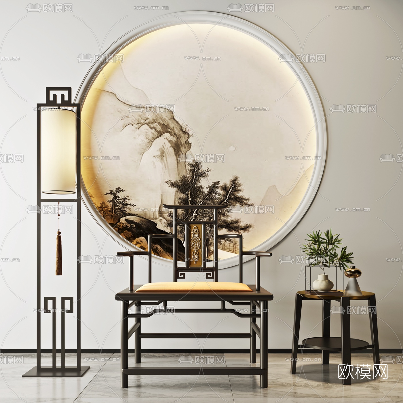 新中式太师椅边几落地灯3d模型下载（渲染图1）