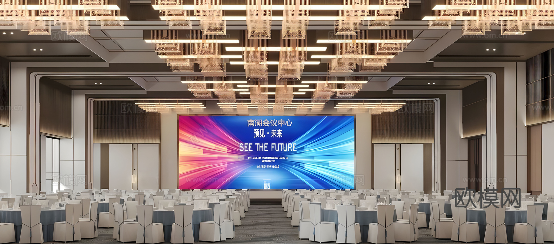 新中式宴会厅 婚礼宴会厅 宴会厅桌椅 酒店宴会厅 婚庆宴会厅su模型下载（渲染图1）