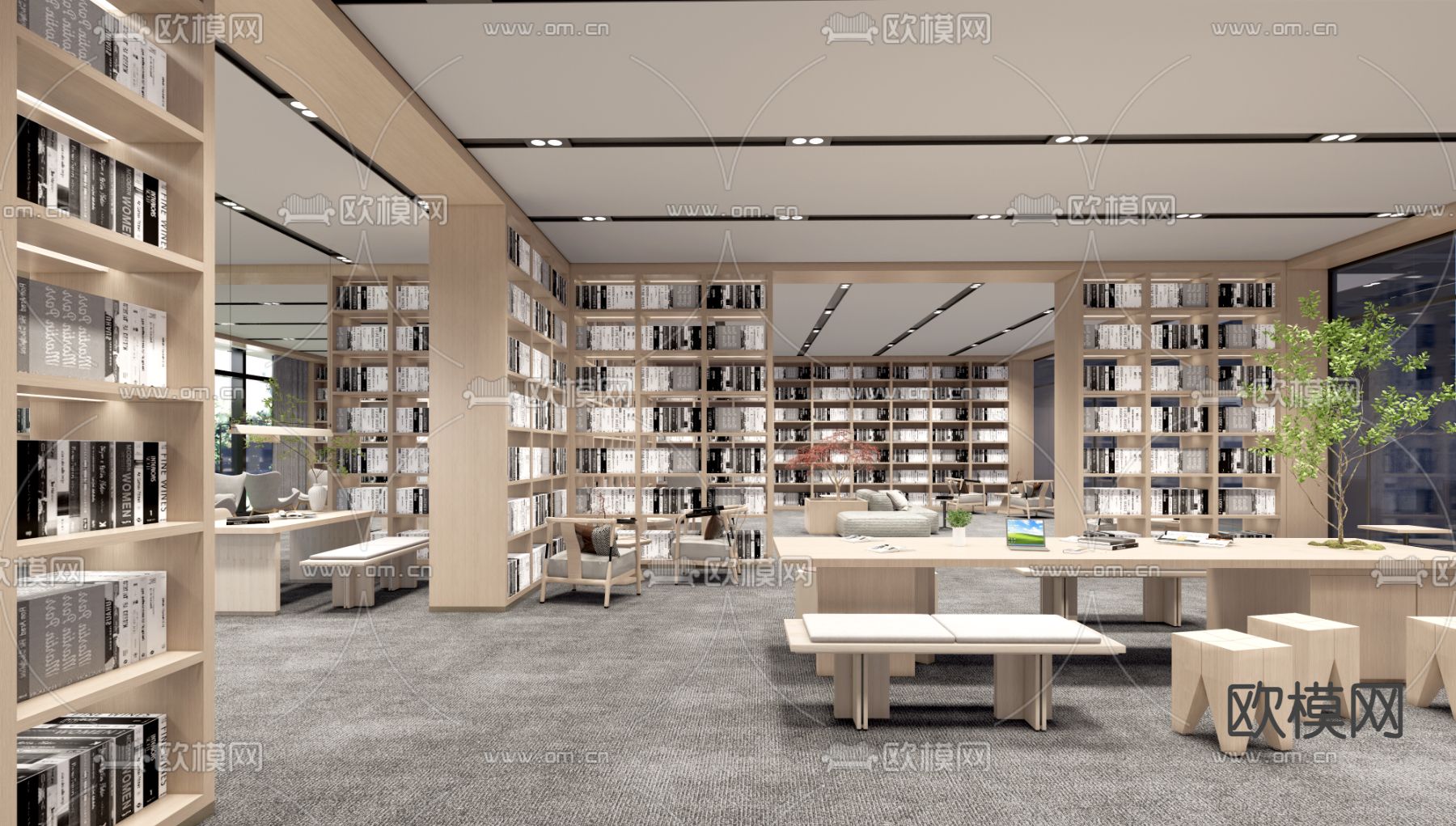 现代图书馆 书吧 阅览室su模型下载（渲染图1）