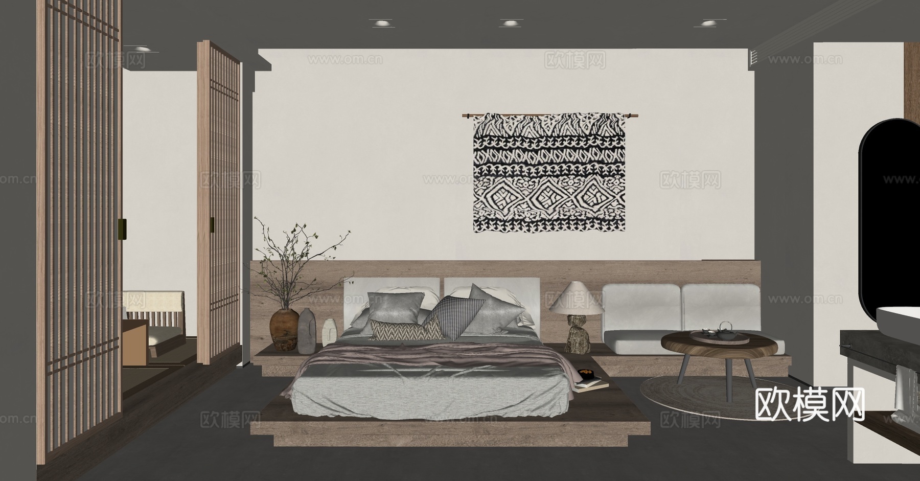 侘寂民宿客房 实木双人床 民宿酒店套房 度假酒店客房 侘寂风su模型下载（渲染图3）
