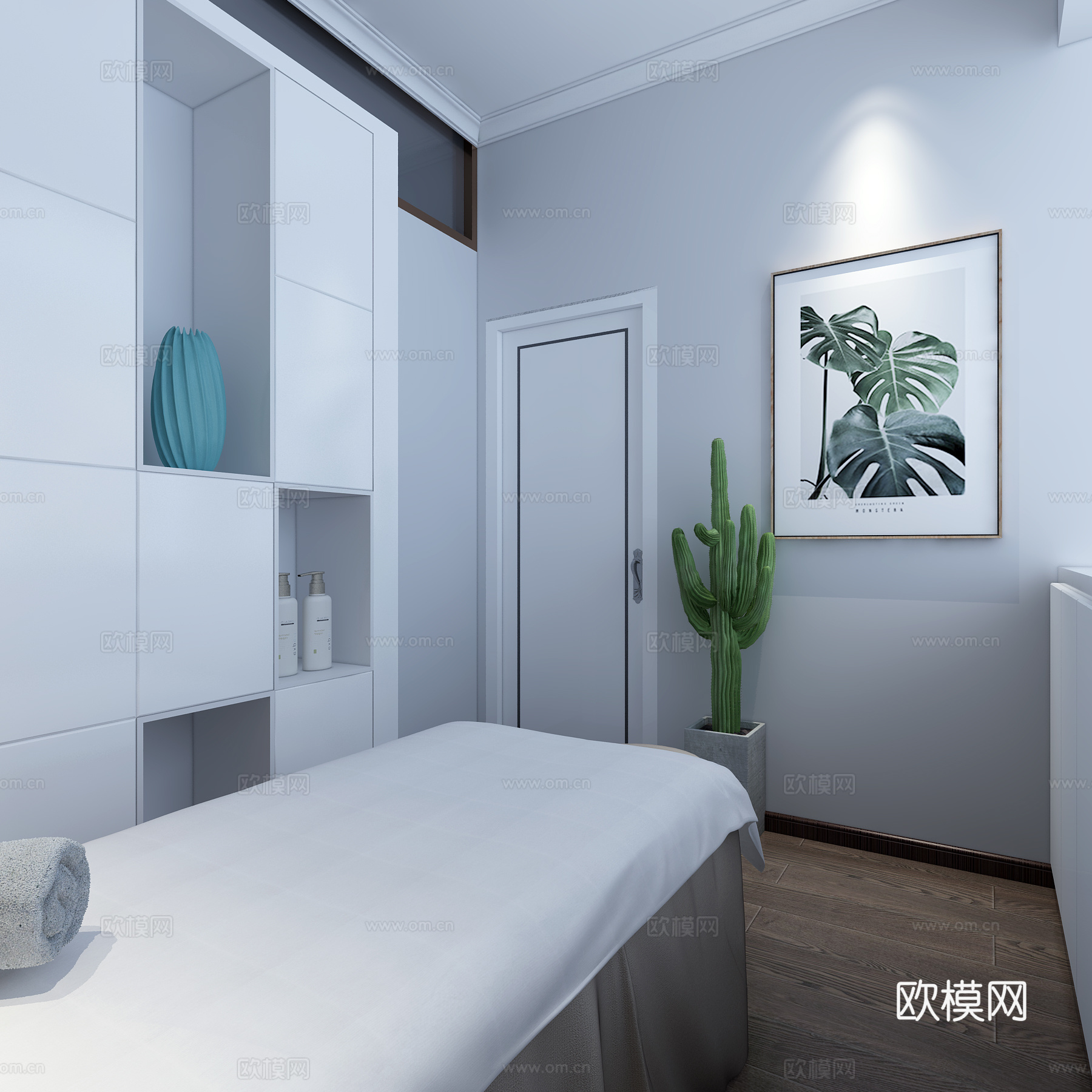 现代美容院 包间 SPA包间 按摩床 仙人掌盆栽 落地灯3d模型