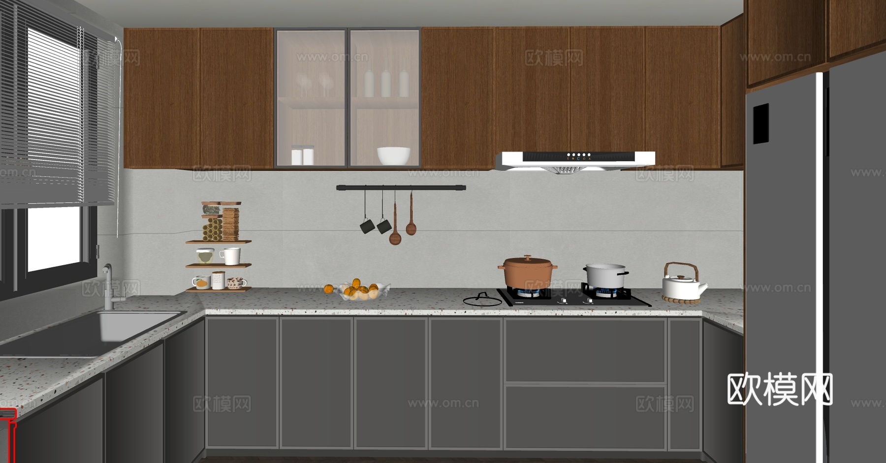 现代中古封闭式厨房 复古风封闭式厨房 u型厨房 厨房用品组合su模型下载（渲染图2）