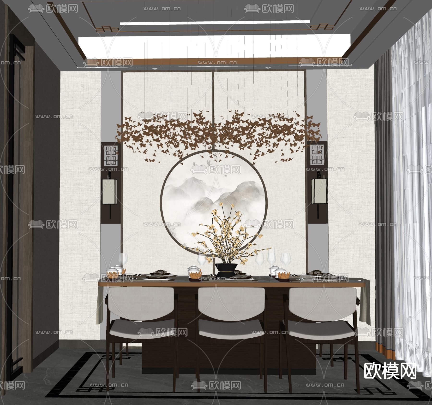 新中式轻奢餐厅su模型下载（渲染图2）