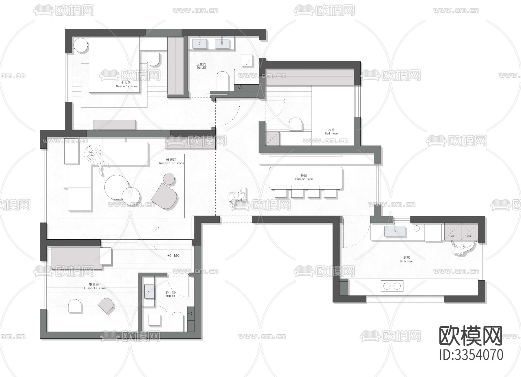 113㎡经典三改二平面优化案例源文件下载（渲染图1）