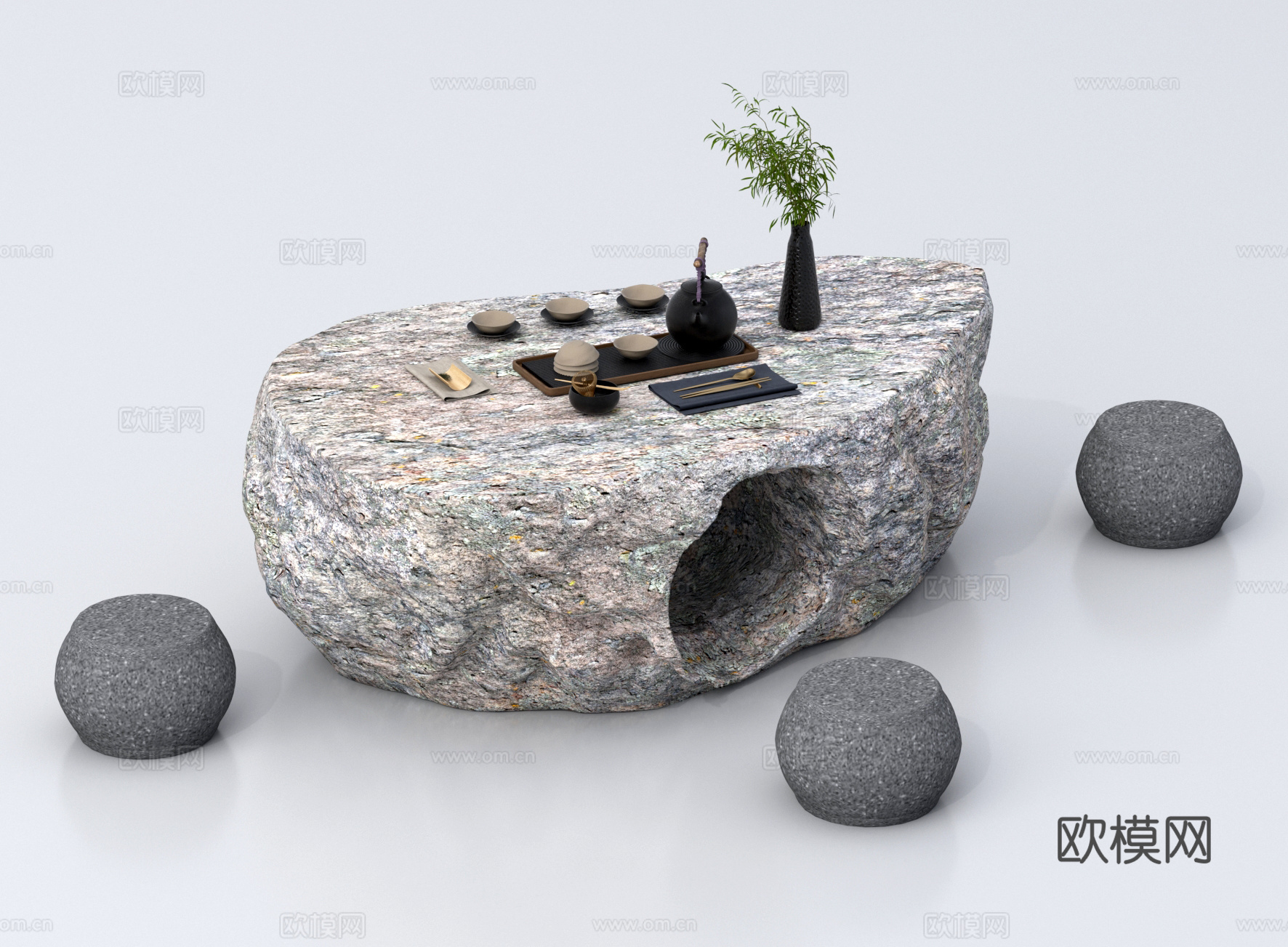 现代户外石桌椅组合 石茶台 石茶几 石材桌椅 景观石头su模型