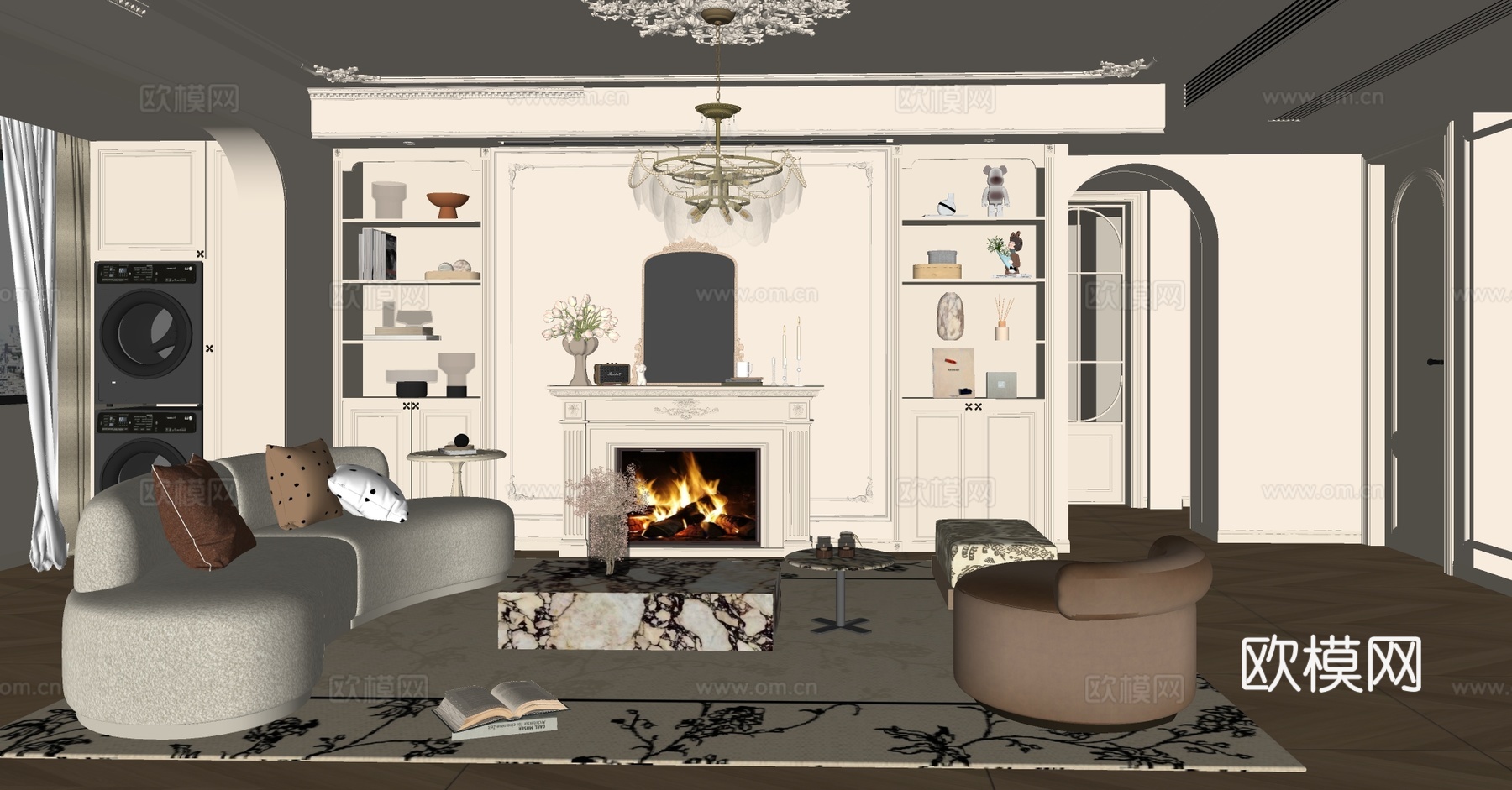 法式家居客厅 法式奶油风客厅 沙发茶几组合 法式复古风客厅su模型下载（渲染图2）