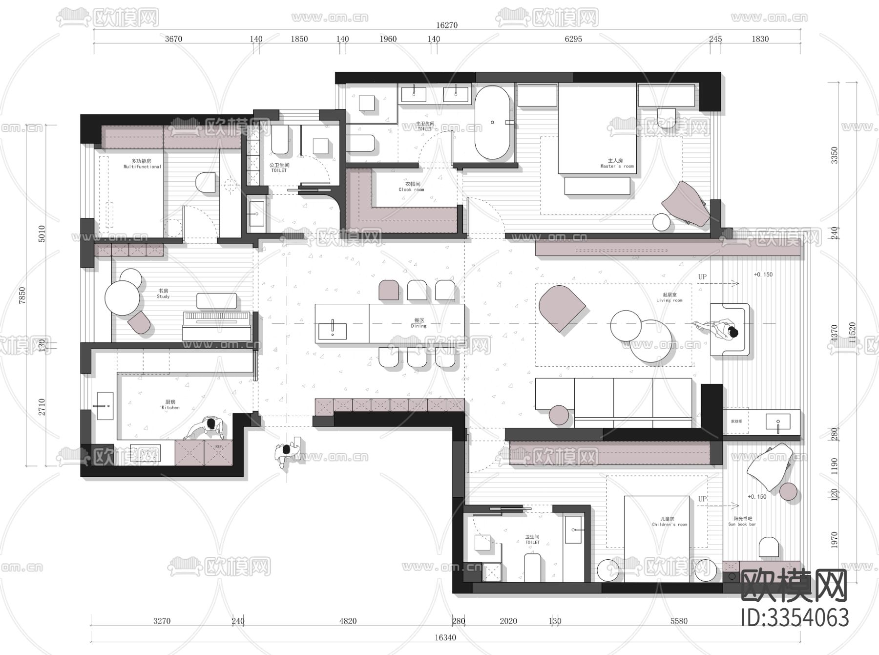 160㎡细节优化三房平面优化案例源文件下载（渲染图2）